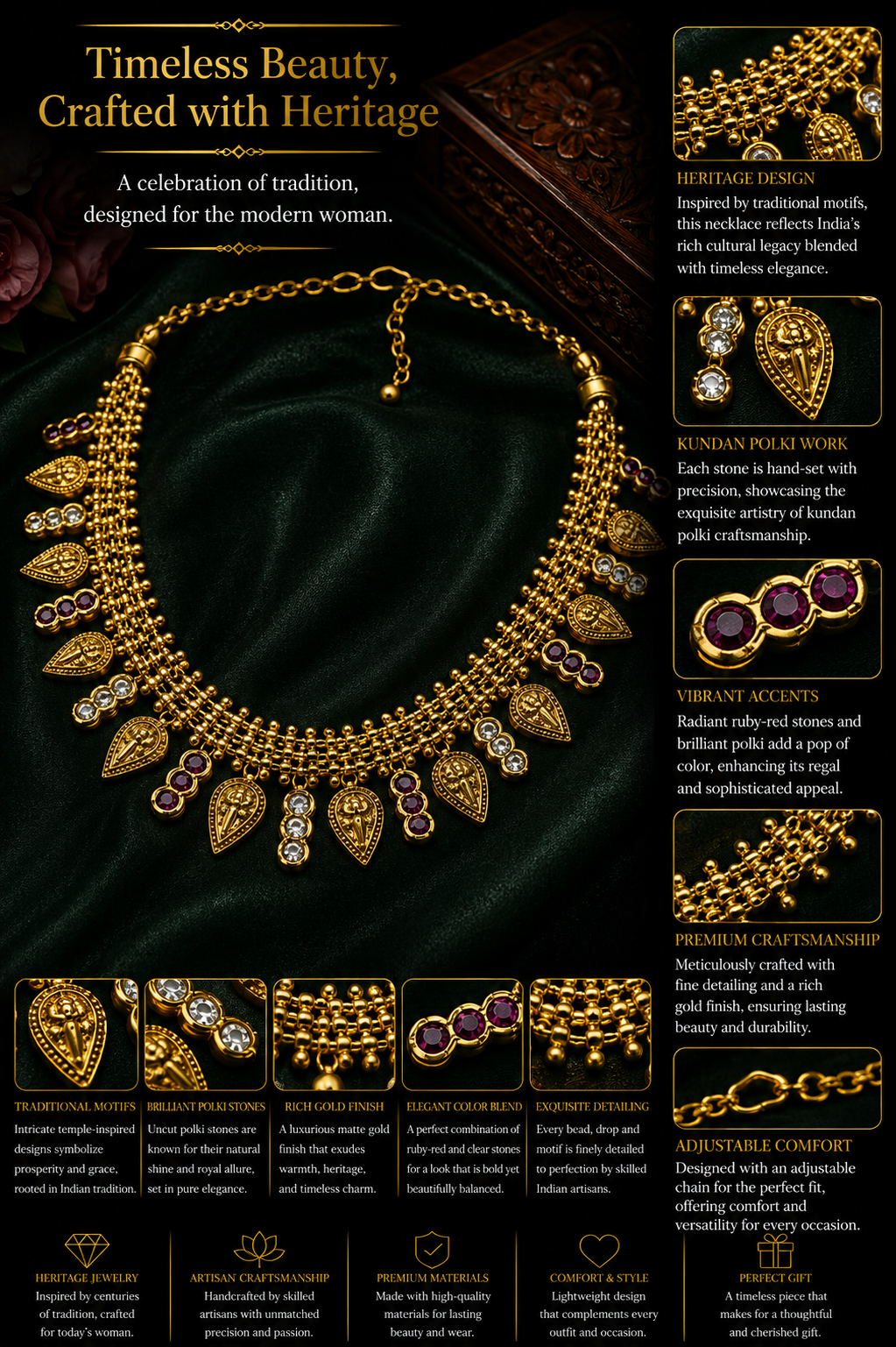 Temple-Inspired Gold-Tone Festive Necklace with Ruby & Polki Accents