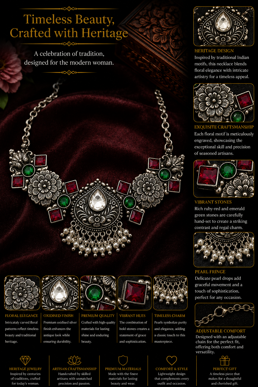 Oxidised Floral Statement Necklace Set with Ruby & Emerald Stones