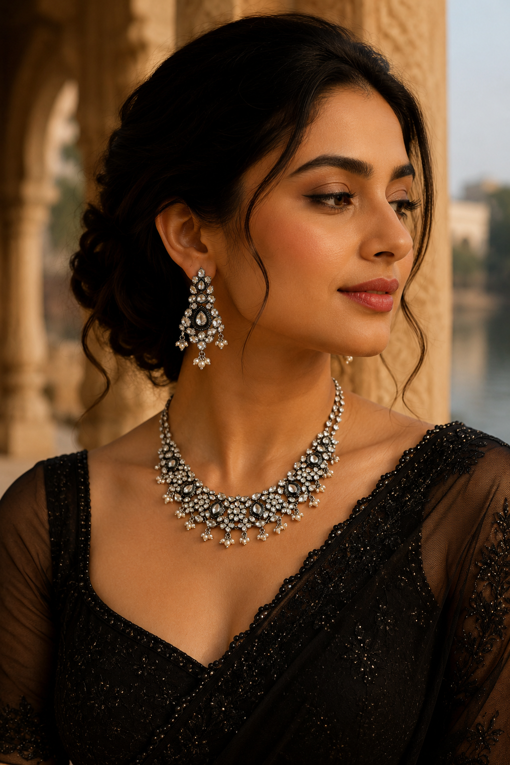Midnight Polki Necklace Set – Oxidised Silver Heritage Jewelry with Pearl Danglers