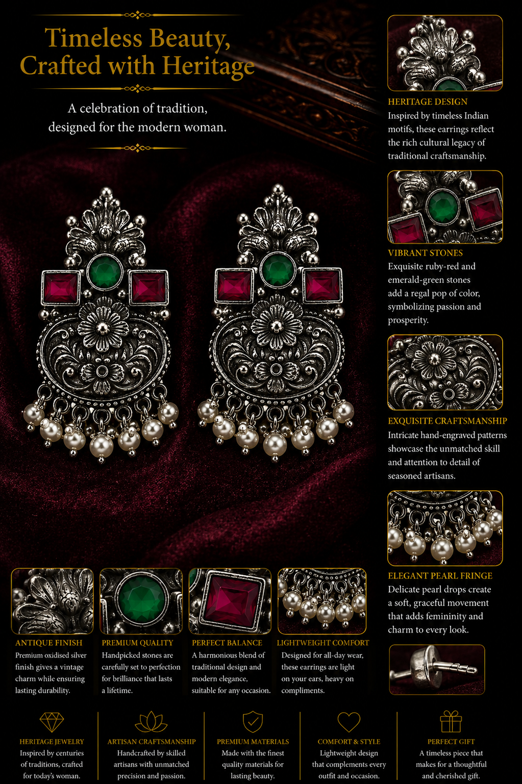 Oxidised Floral Statement Necklace Set with Ruby & Emerald Stones