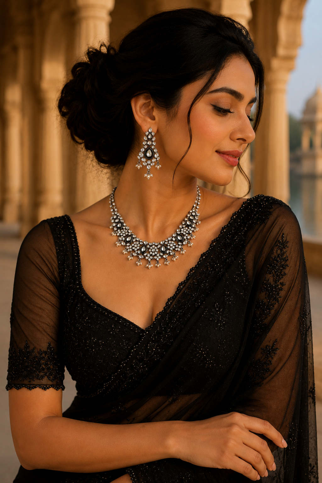 Midnight Polki Necklace Set – Oxidised Silver Heritage Jewelry with Pearl Danglers