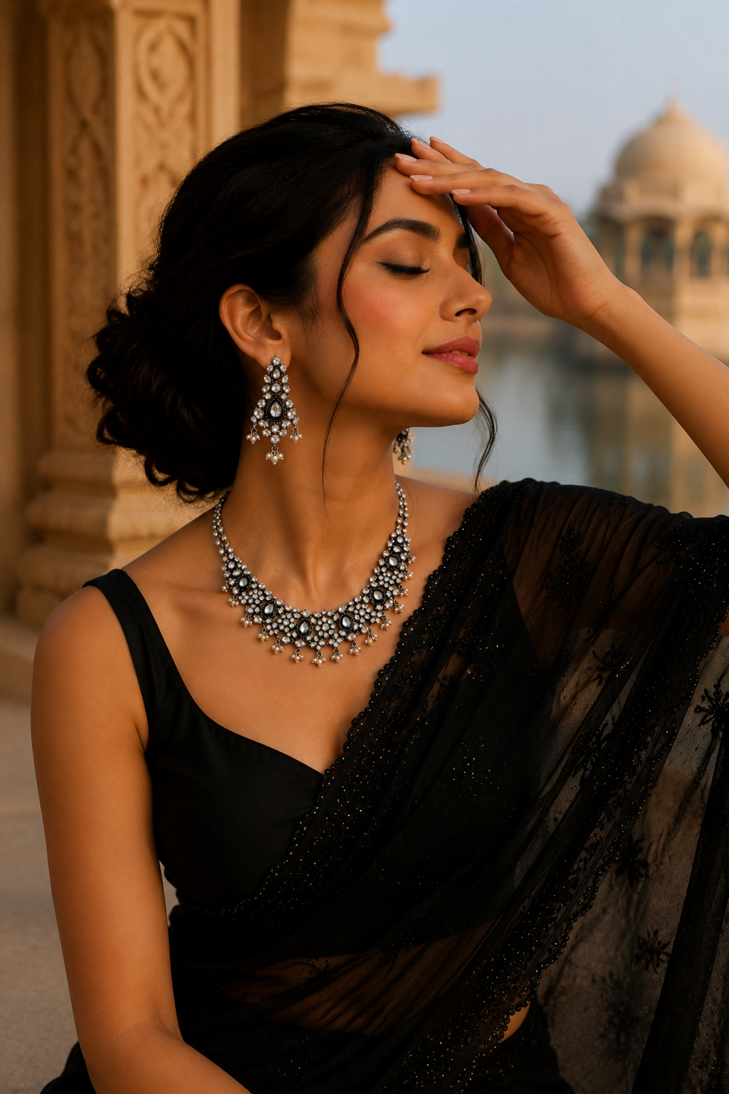 Midnight Polki Necklace Set – Oxidised Silver Heritage Jewelry with Pearl Danglers