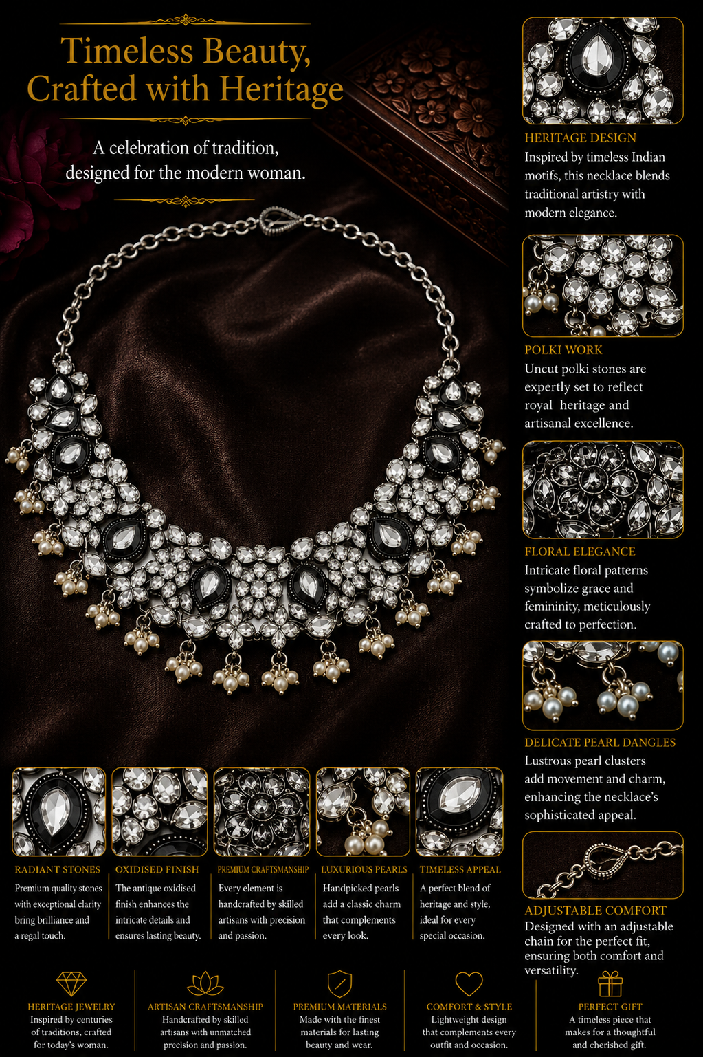 Midnight Polki Necklace Set – Oxidised Silver Heritage Jewelry with Pearl Danglers