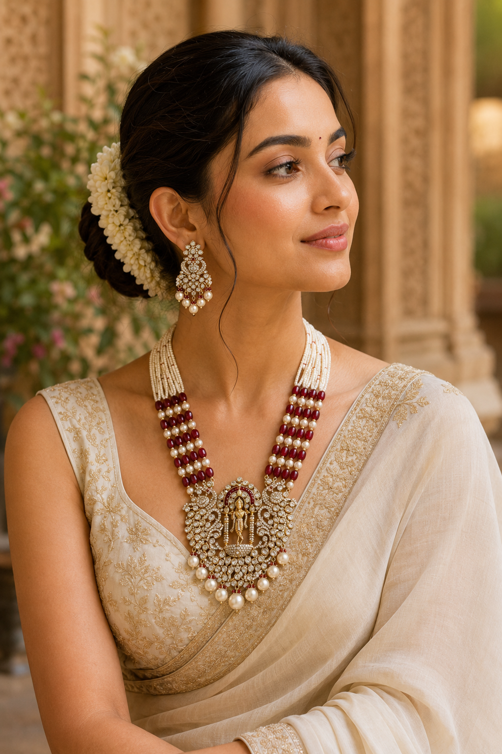 Temple-Inspired Kundan Pearl Necklace Set with Ruby Beads