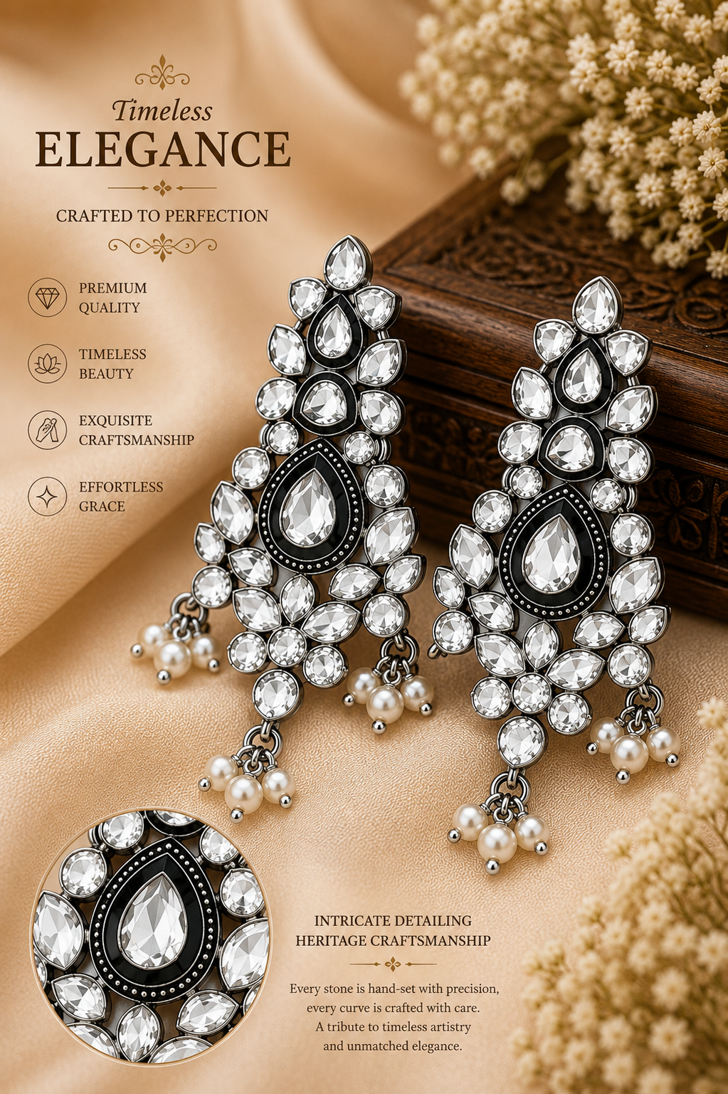 Midnight Polki Necklace Set – Oxidised Silver Heritage Jewelry with Pearl Danglers