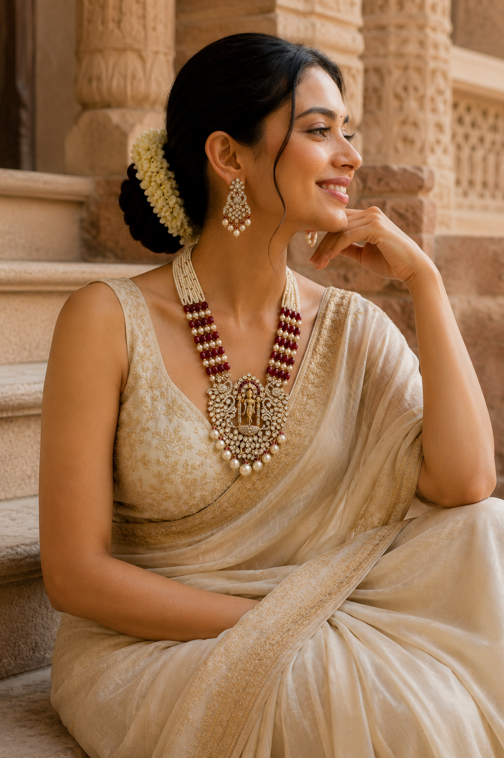 Temple-Inspired Kundan Pearl Necklace Set with Ruby Beads
