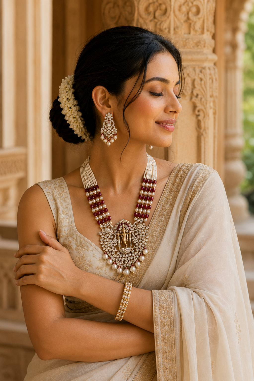 Temple-Inspired Kundan Pearl Necklace Set with Ruby Beads