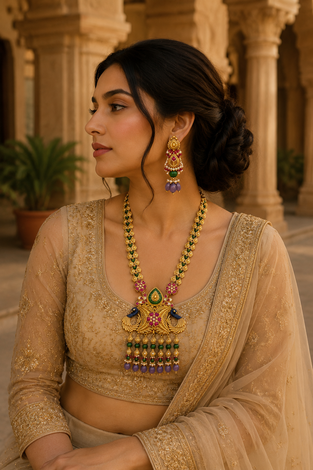 Peacock Motif Temple Jewelry Necklace Set with Multicolor Gemstones