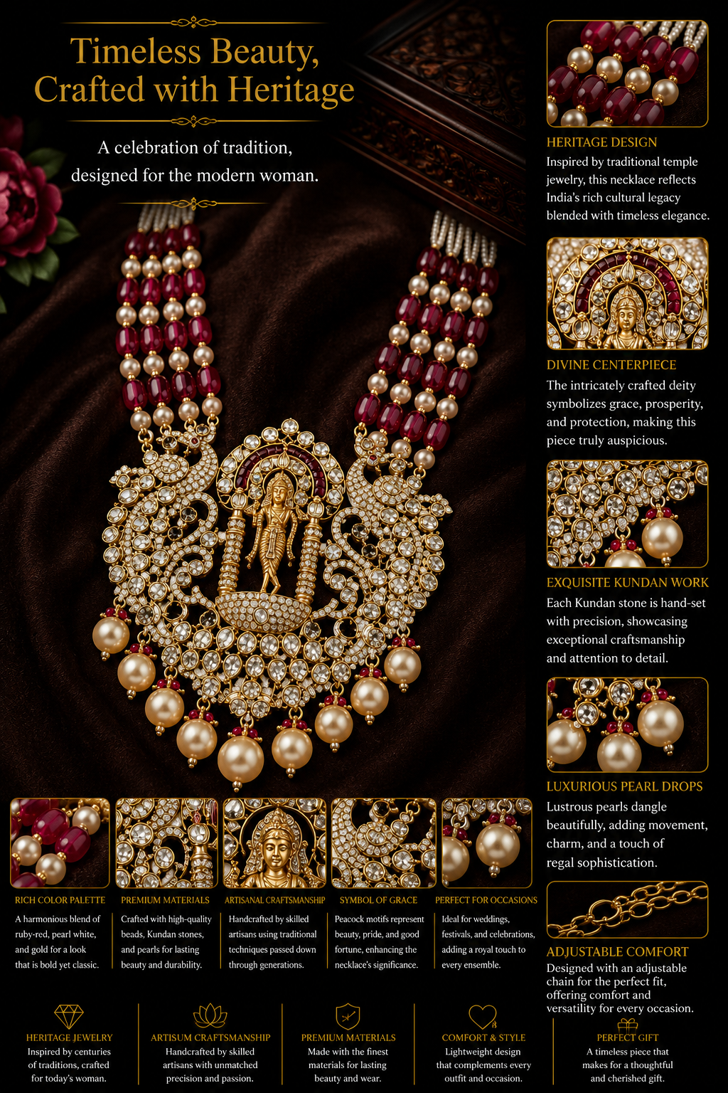 Temple-Inspired Kundan Pearl Necklace Set with Ruby Beads