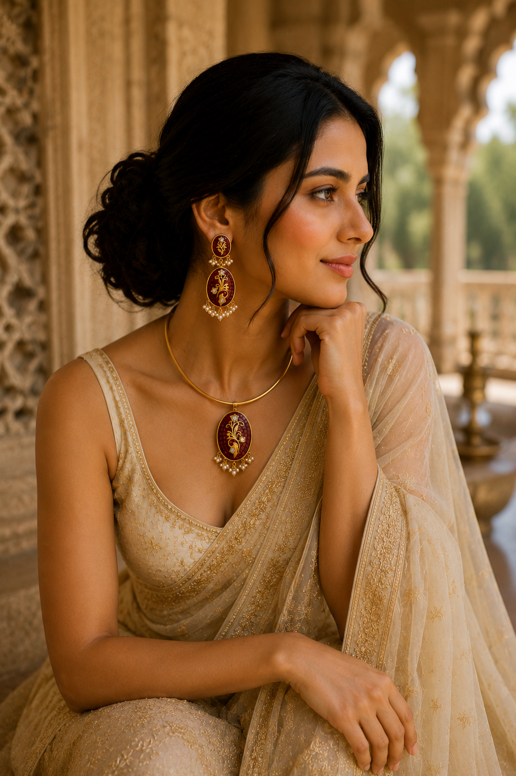 Ruby Mosaic Heritage Pendant Necklace Set with Pearl Drops