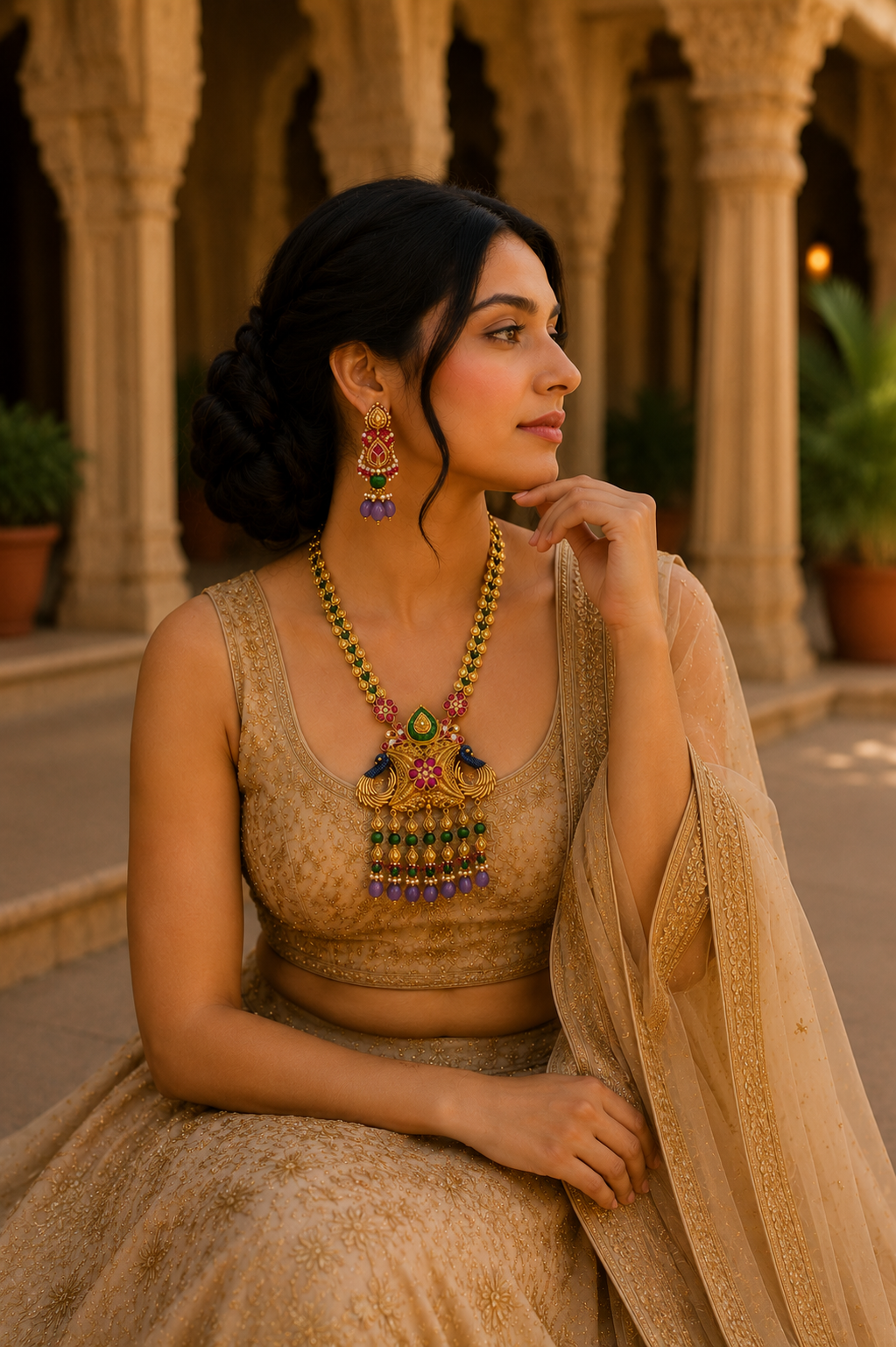 Peacock Motif Temple Jewelry Necklace Set with Multicolor Gemstones