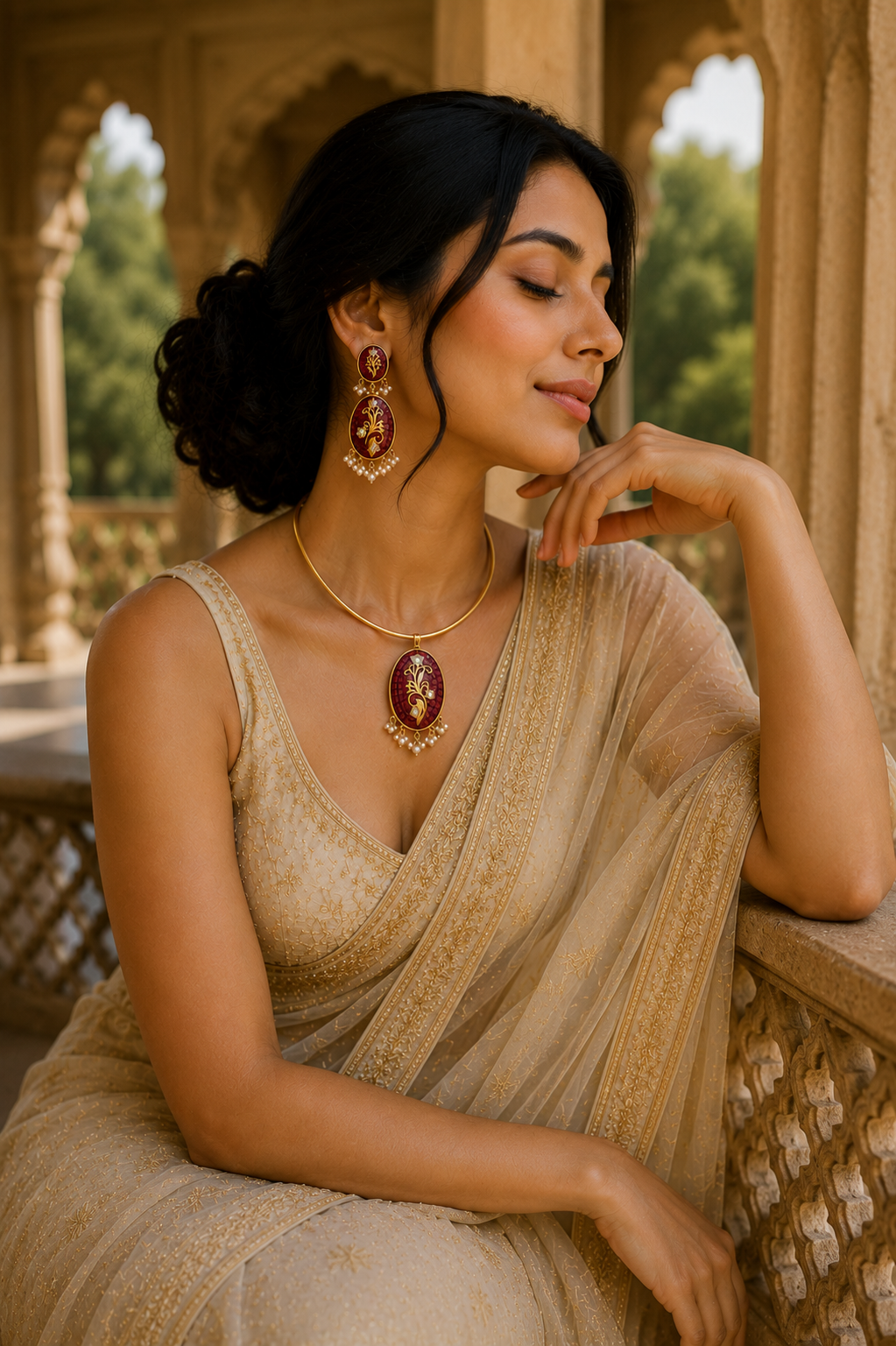 Ruby Mosaic Heritage Pendant Necklace Set with Pearl Drops