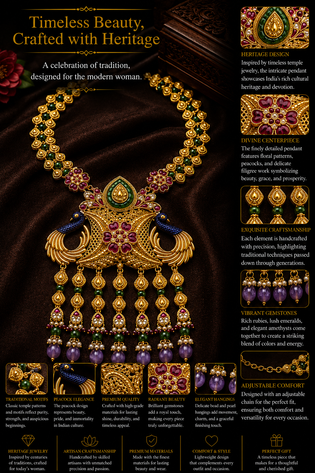 Peacock Motif Temple Jewelry Necklace Set with Multicolor Gemstones