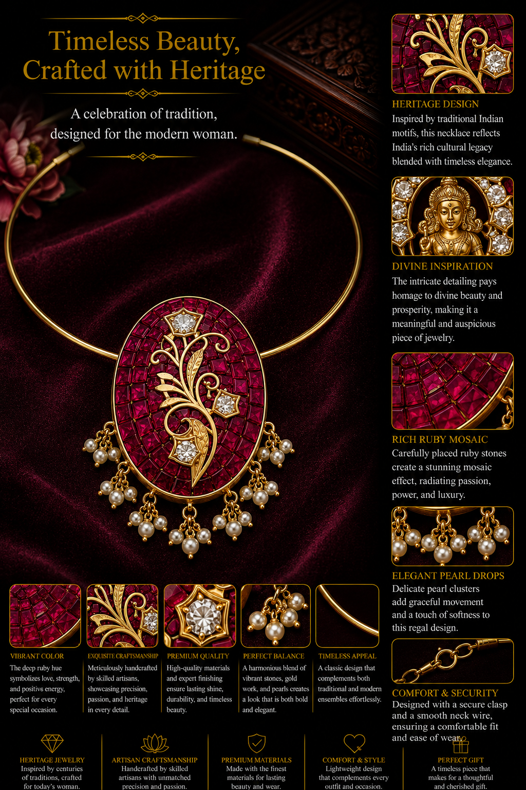 Ruby Mosaic Heritage Pendant Necklace Set with Pearl Drops