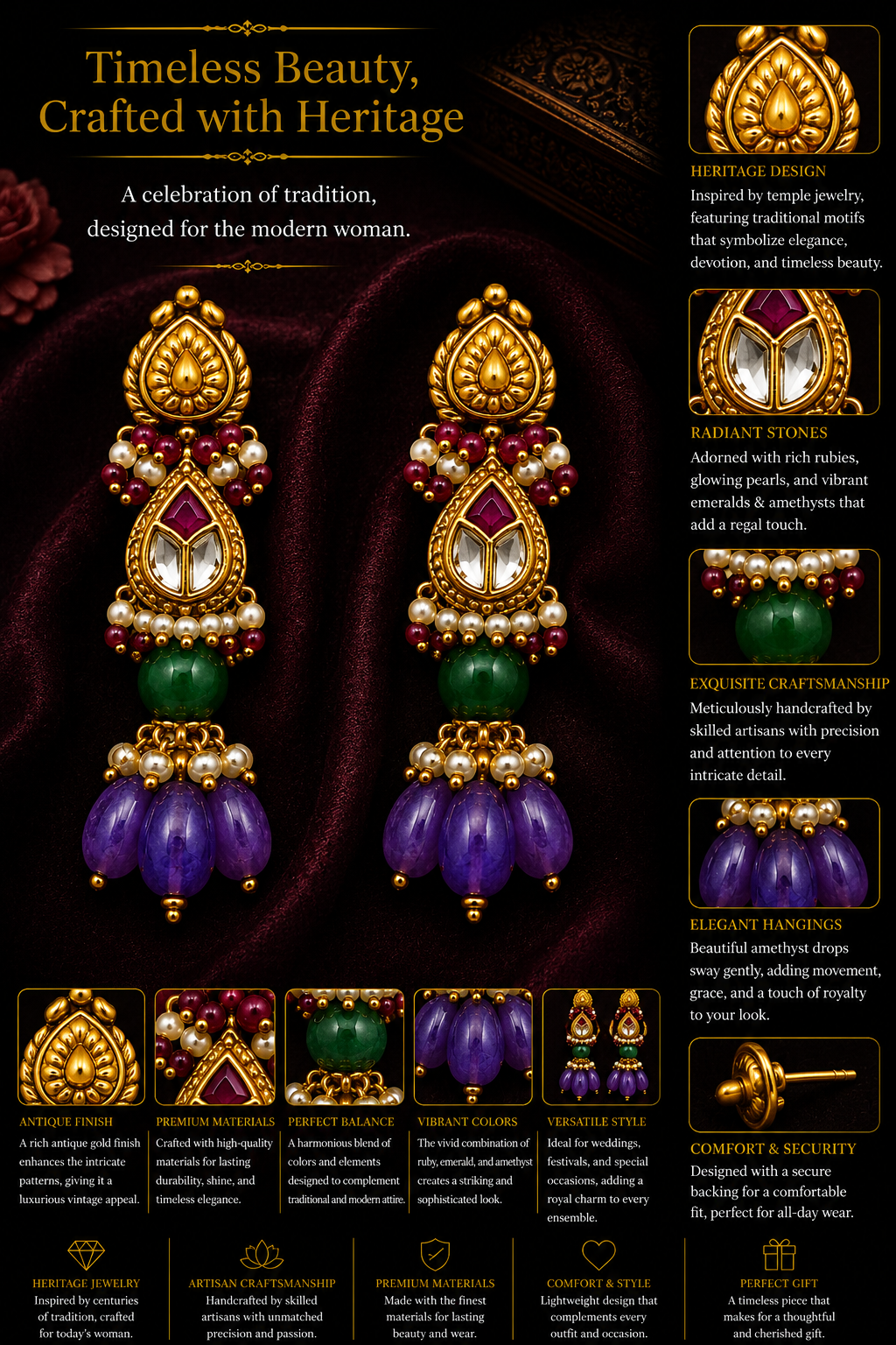 Peacock Motif Temple Jewelry Necklace Set with Multicolor Gemstones