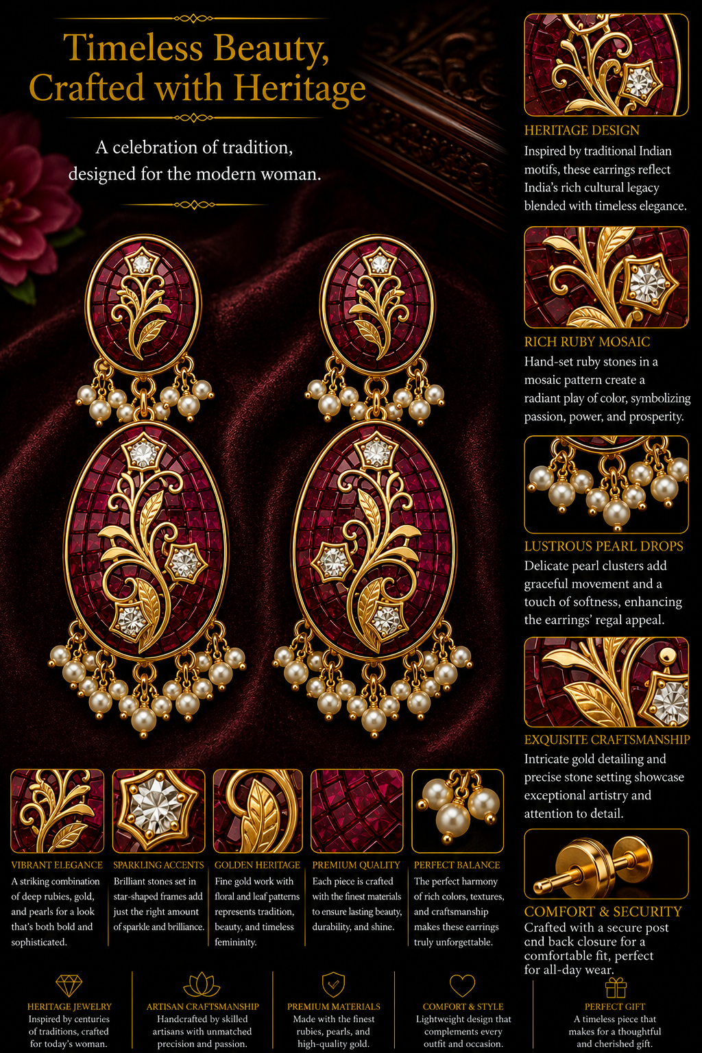 Ruby Mosaic Heritage Pendant Necklace Set with Pearl Drops