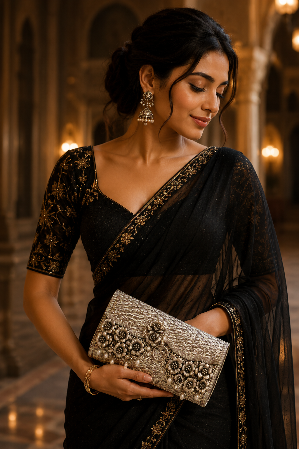 Handcrafted Floral Silver Clutch Bag with Pearl Embellishments