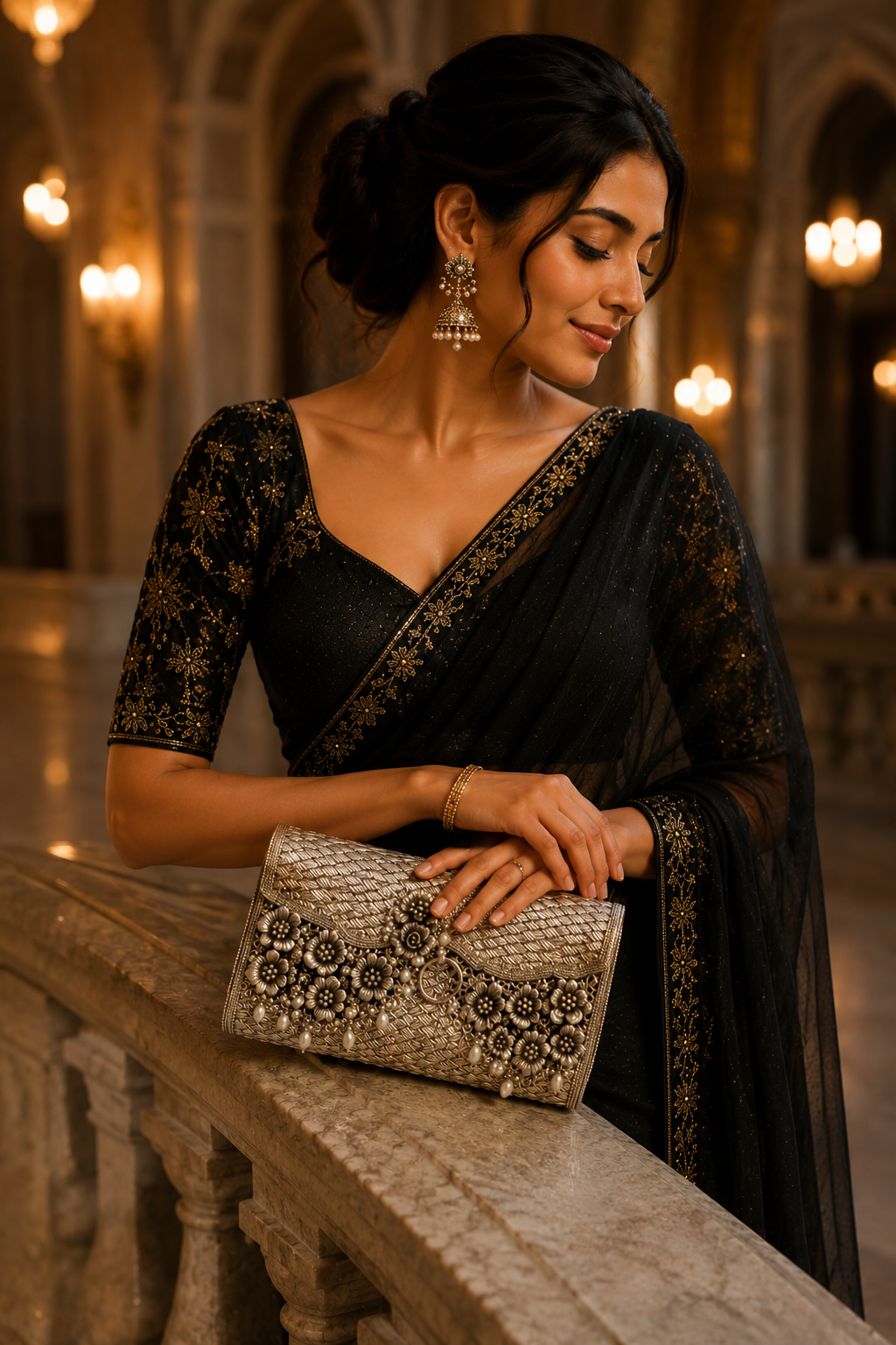 Handcrafted Floral Silver Clutch Bag with Pearl Embellishments