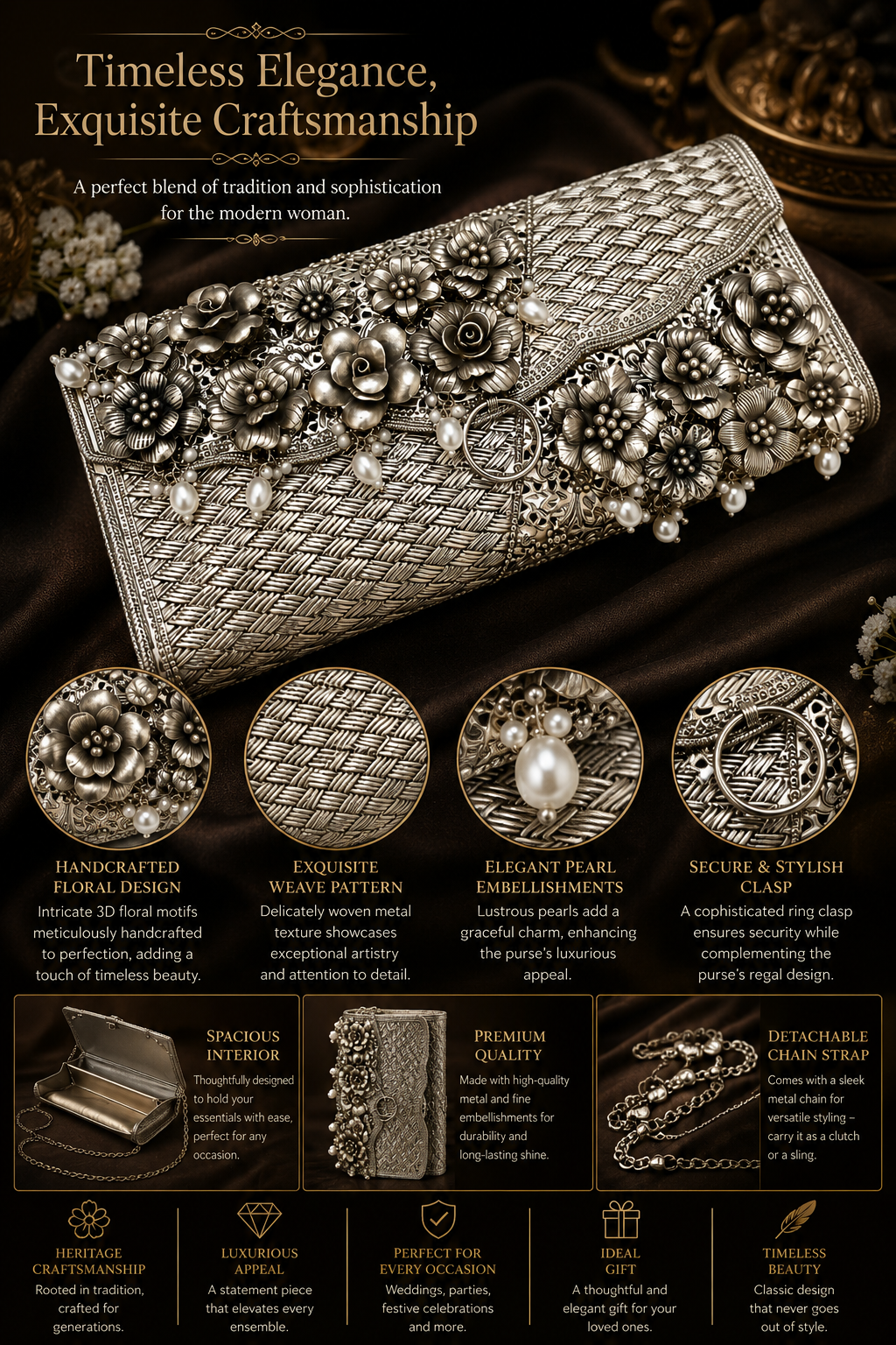 Handcrafted Floral Silver Clutch Bag with Pearl Embellishments