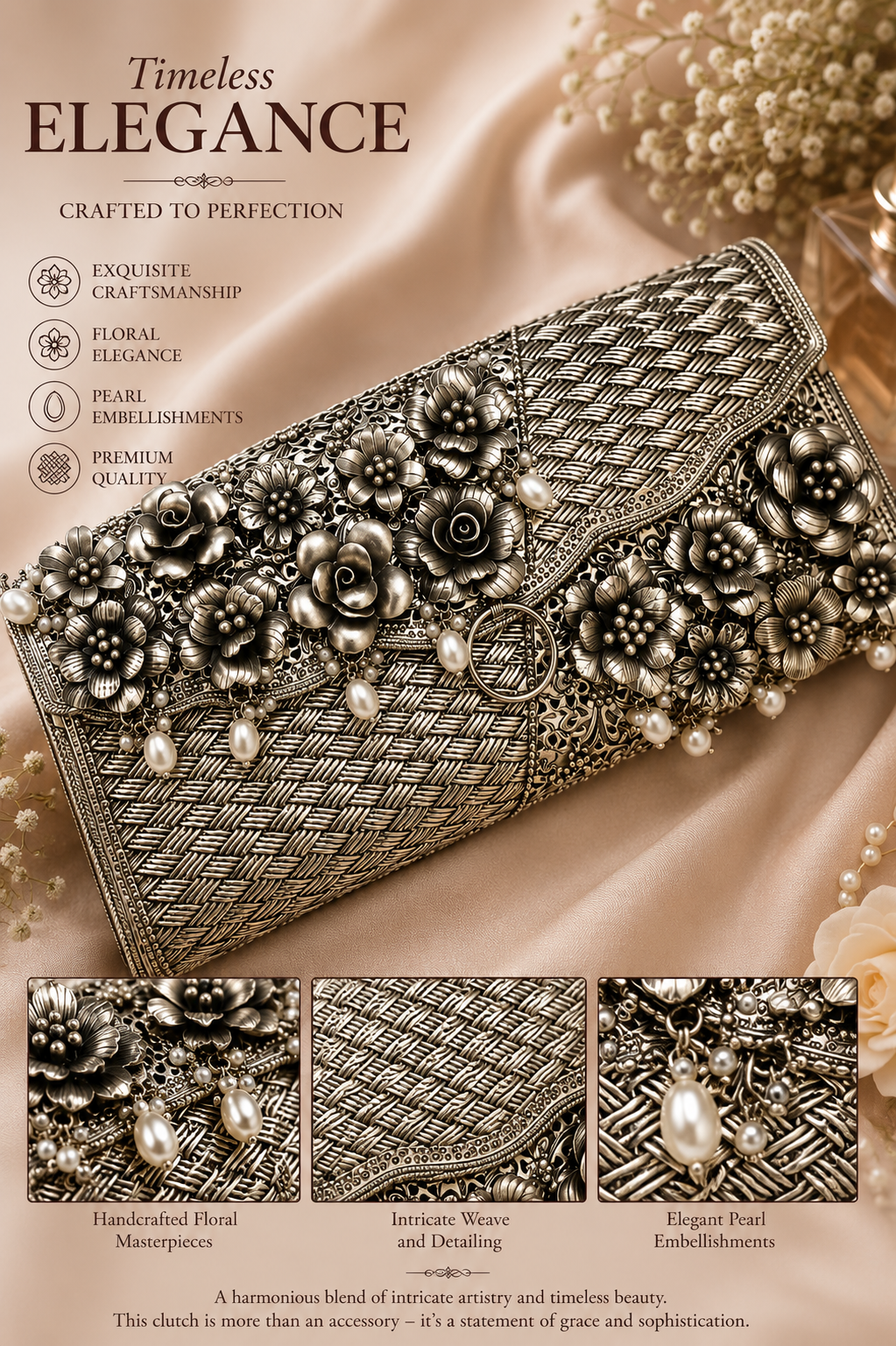 Handcrafted Floral Silver Clutch Bag with Pearl Embellishments