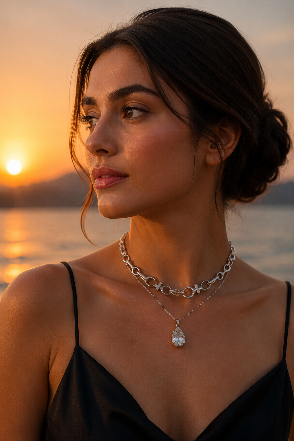 Dual Layer Crystal Pendant Chain Necklace – Modern Luxe Statement Necklace for Women