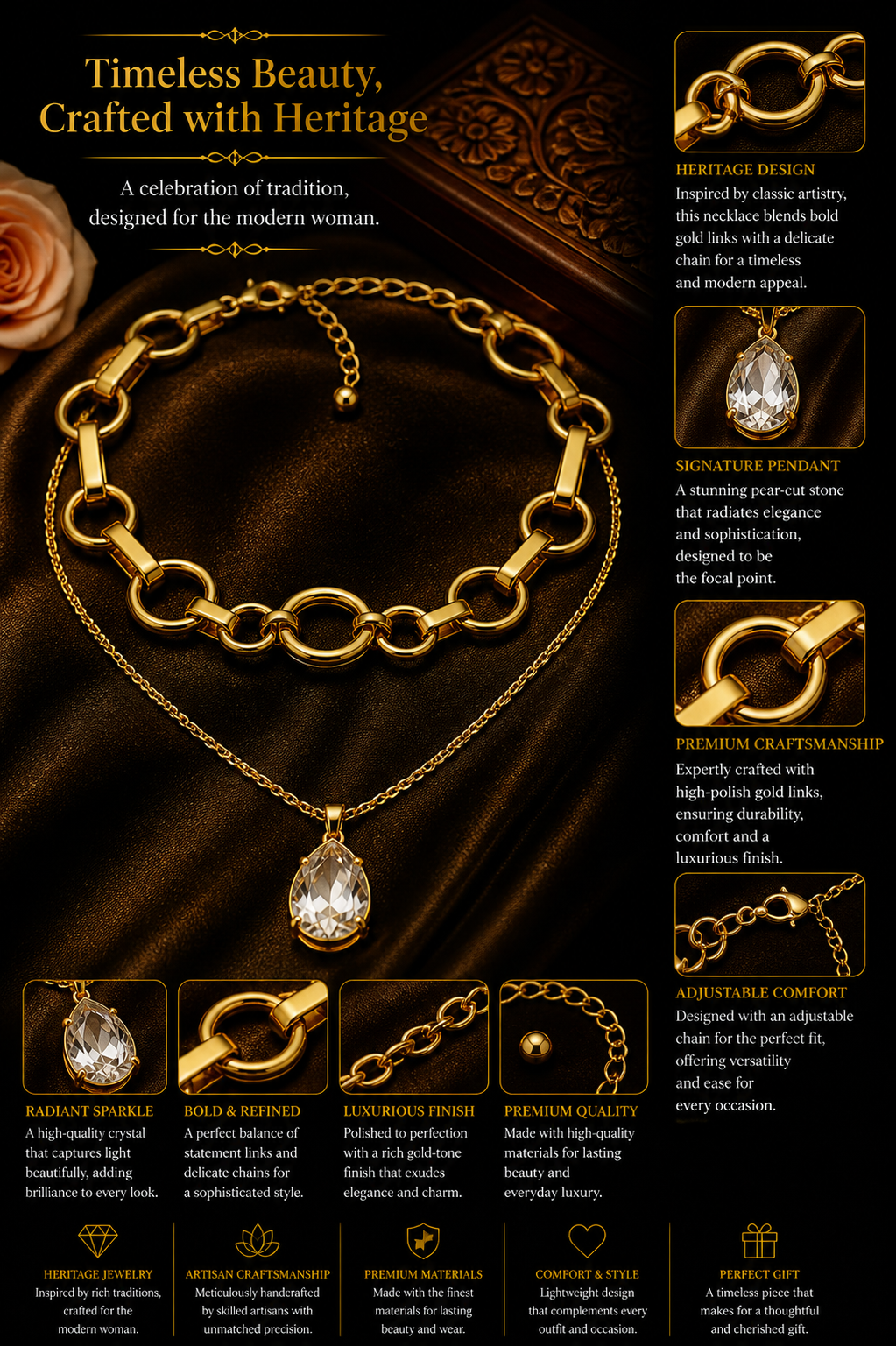 Dual Layer Crystal Pendant Chain Necklace – Modern Luxe Statement Necklace for Women