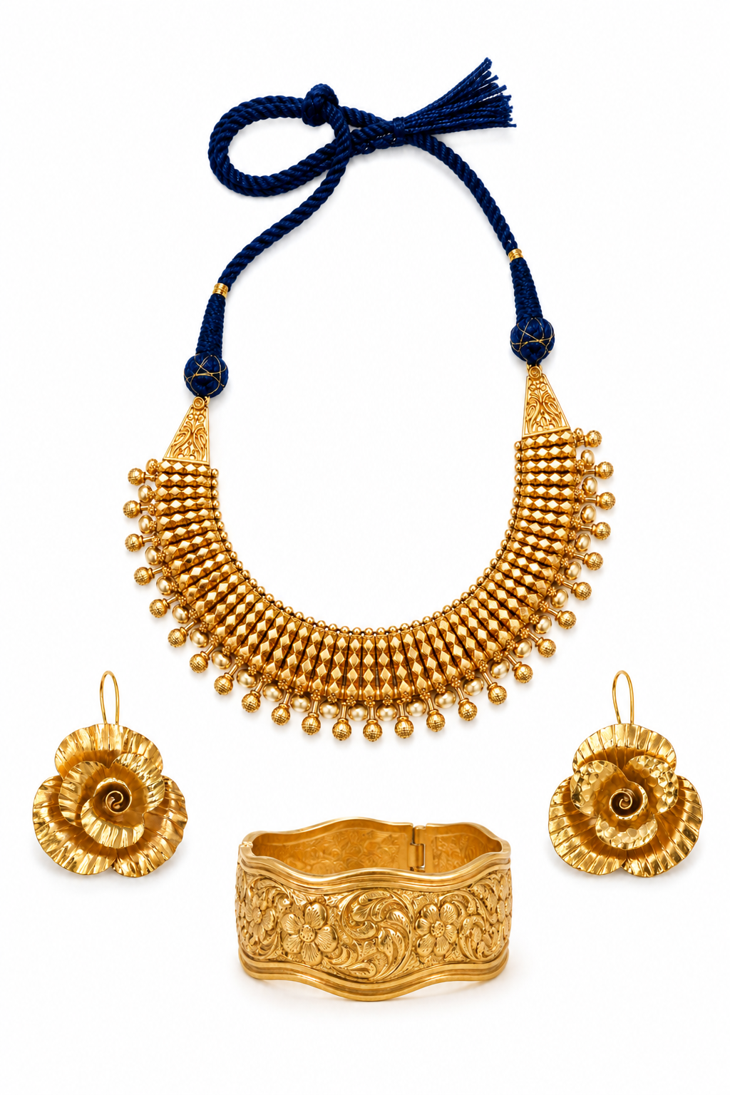 Royal Blue Dori Gold Necklace Set with Beaded Fringe & Floral Accents