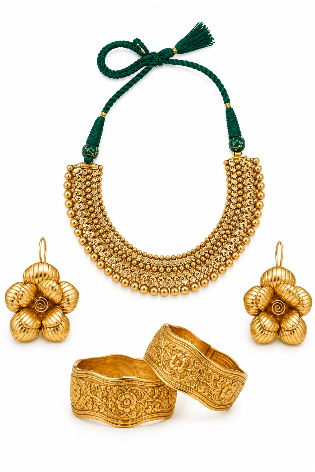 Emerald Dori Gold Necklace Set with Layered Beadwork & Floral Statement Earrings