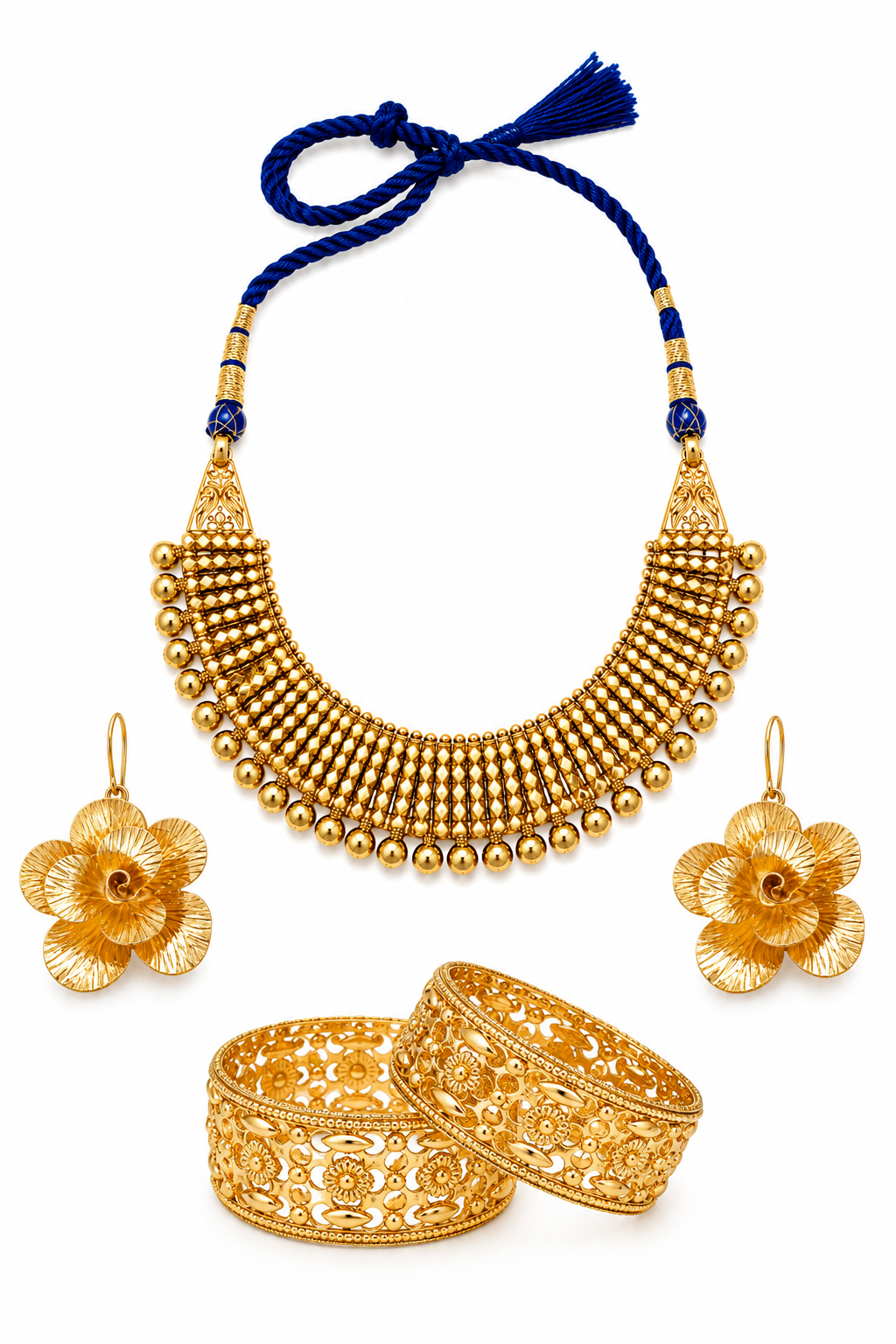 Royal Blue Dori Necklace Set with Openwork Gold Bangles & Floral Earrings