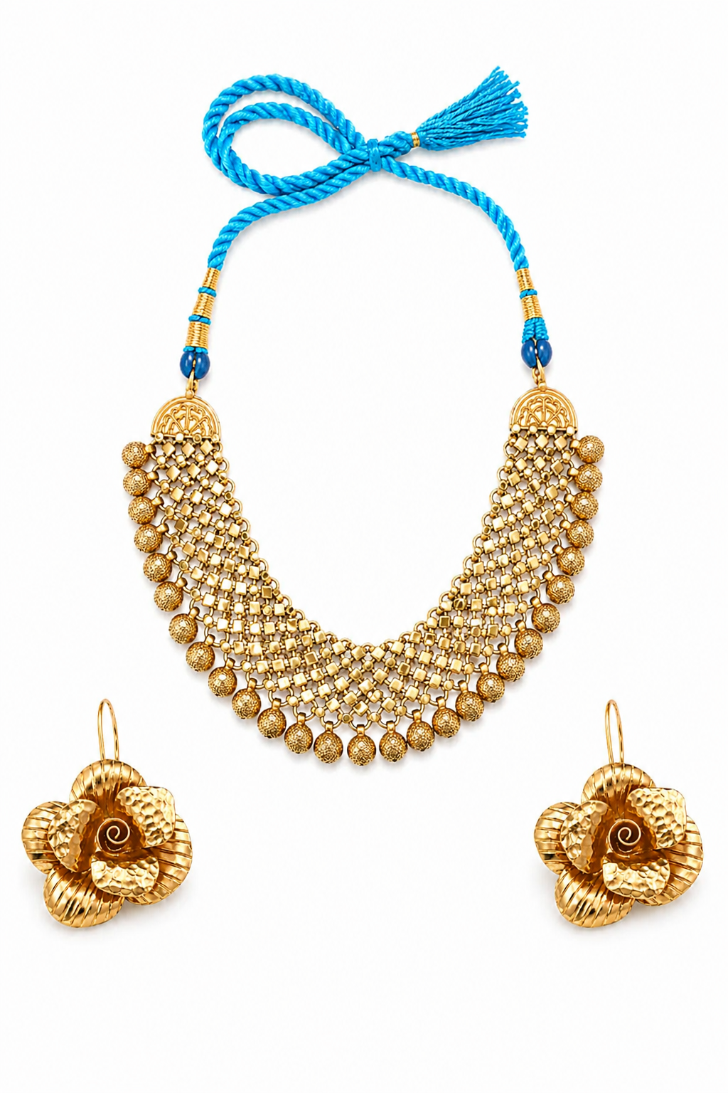 Traditional Gold Tone Necklace Set with Blue Dori & Floral Statement Earrings