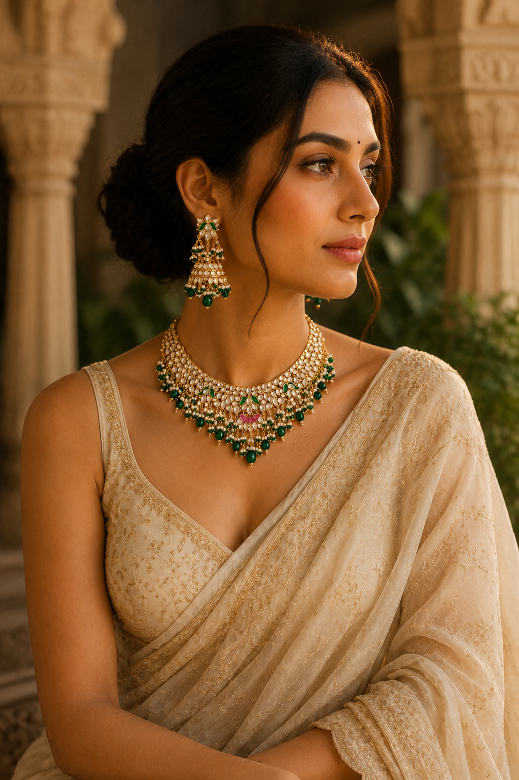 Royal Kundan Emerald Bridal Necklace Set with Jhumka Earrings