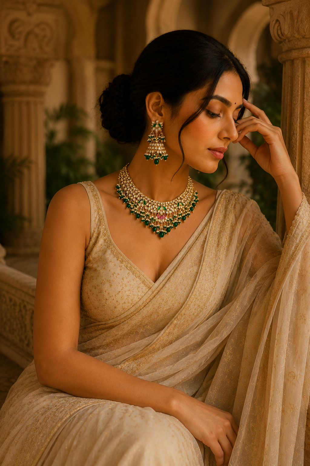 Royal Kundan Emerald Bridal Necklace Set with Jhumka Earrings