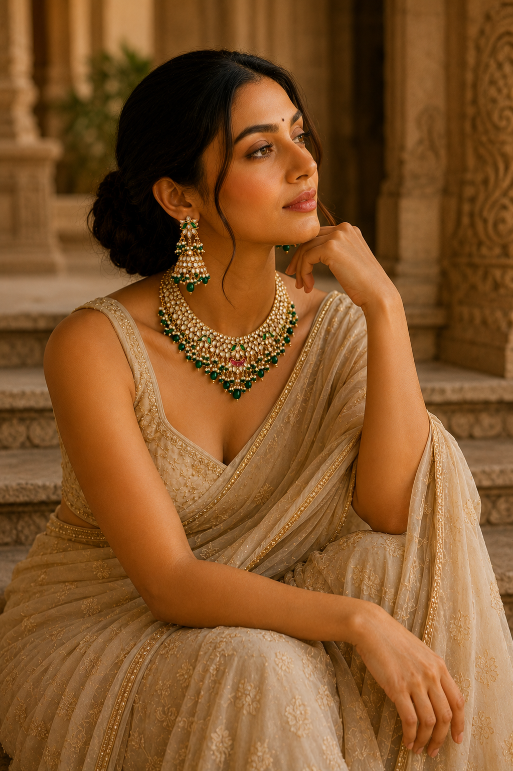 Royal Kundan Emerald Bridal Necklace Set with Jhumka Earrings