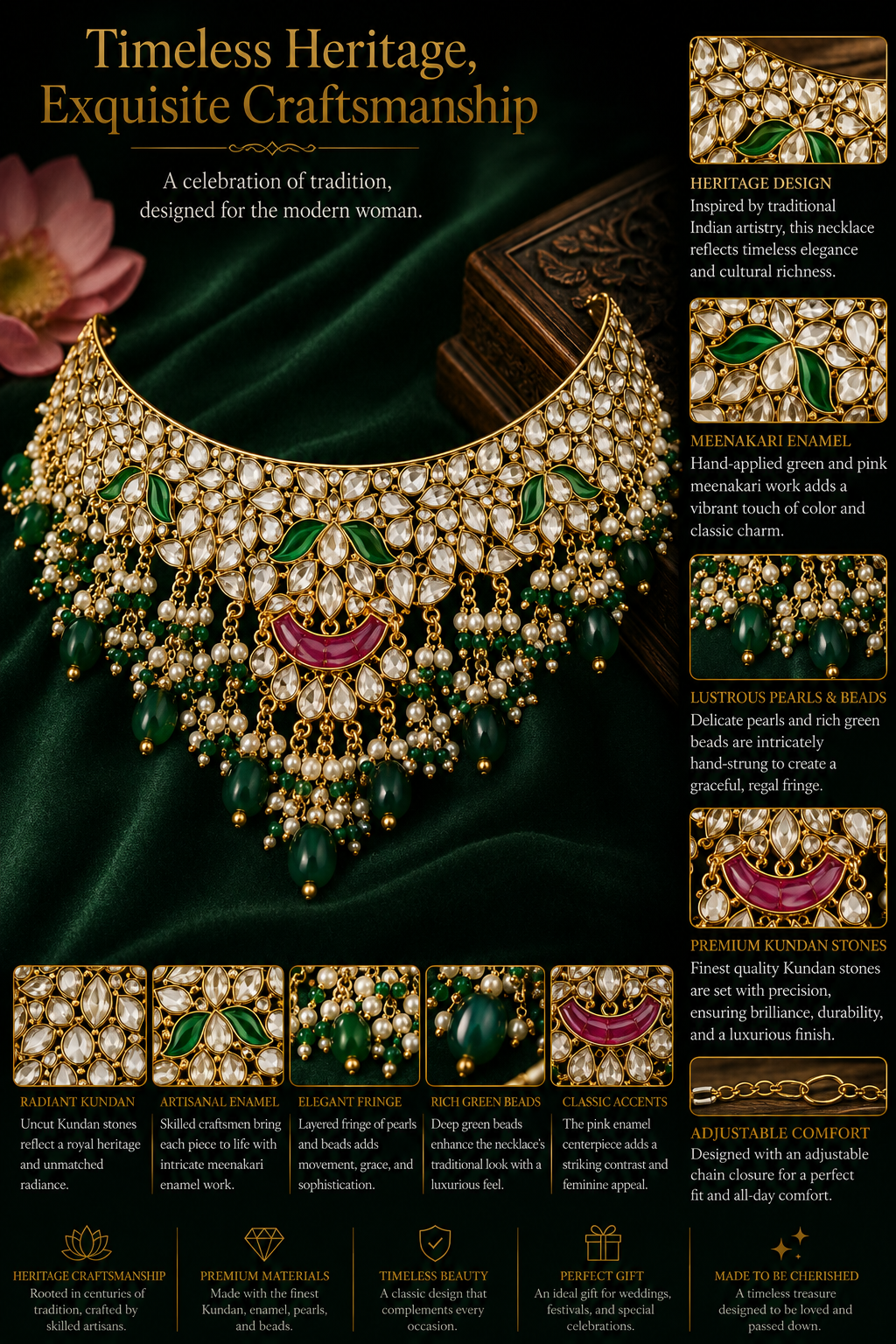 Royal Kundan Emerald Bridal Necklace Set with Jhumka Earrings