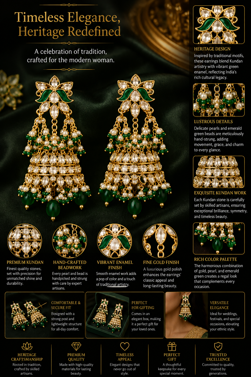 Royal Kundan Emerald Bridal Necklace Set with Jhumka Earrings