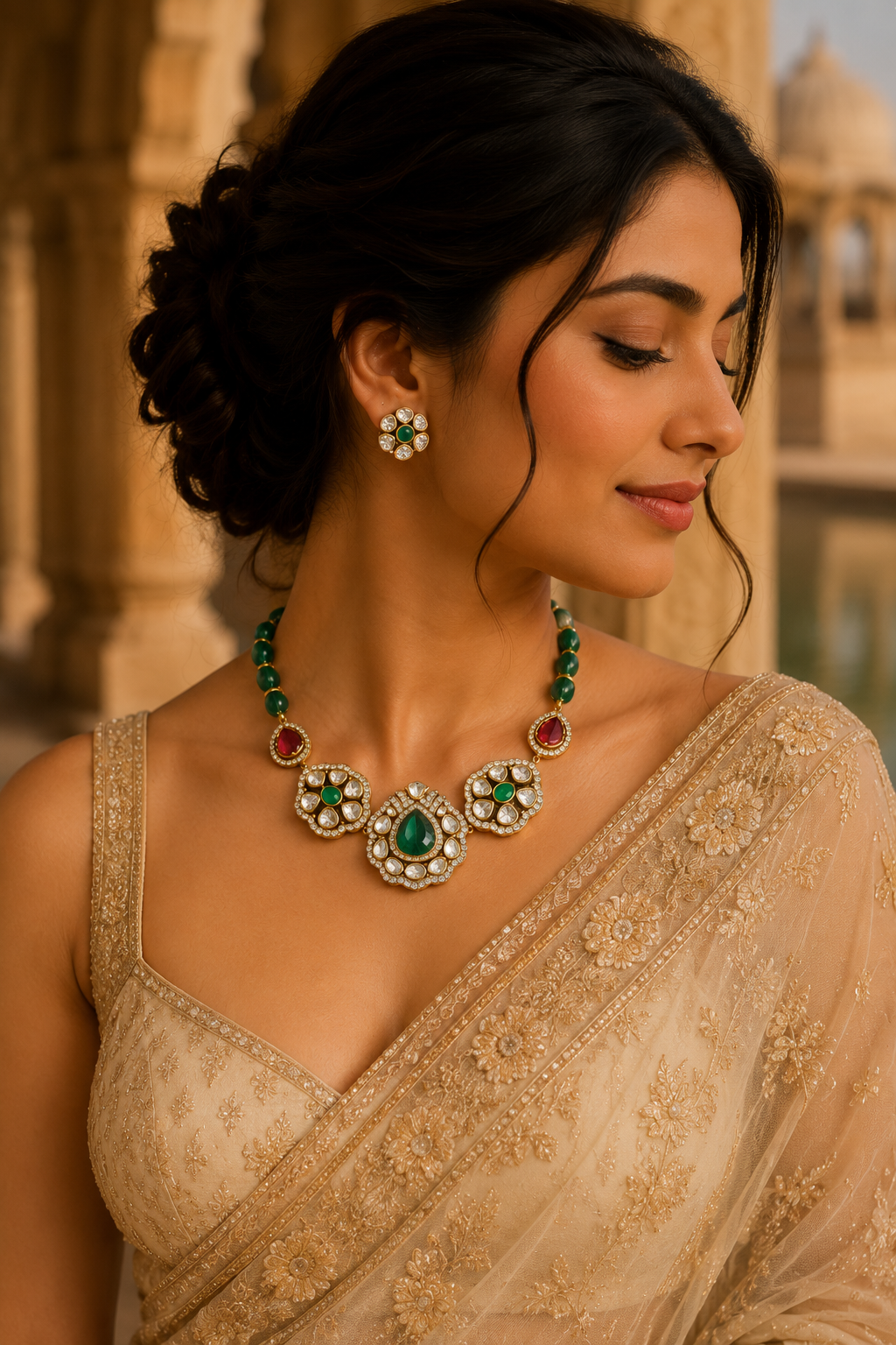 Traditional Kundan Choker Necklace Set with Green Stone Detailing