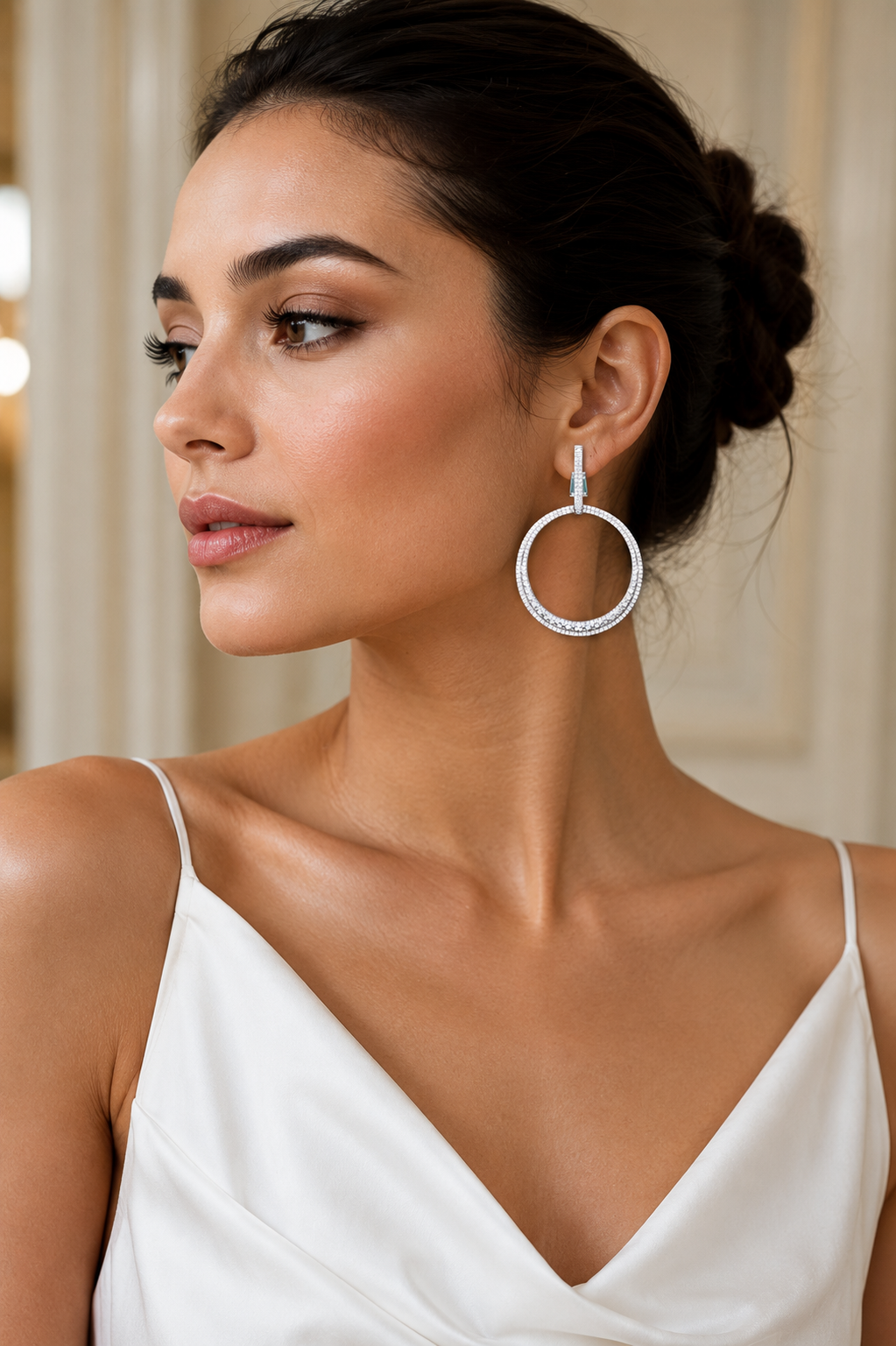 Minimalist Diamond Hoop Drop Earrings in Silver Finish