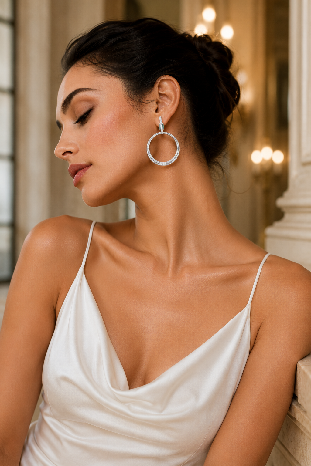 Minimalist Diamond Hoop Drop Earrings in Silver Finish
