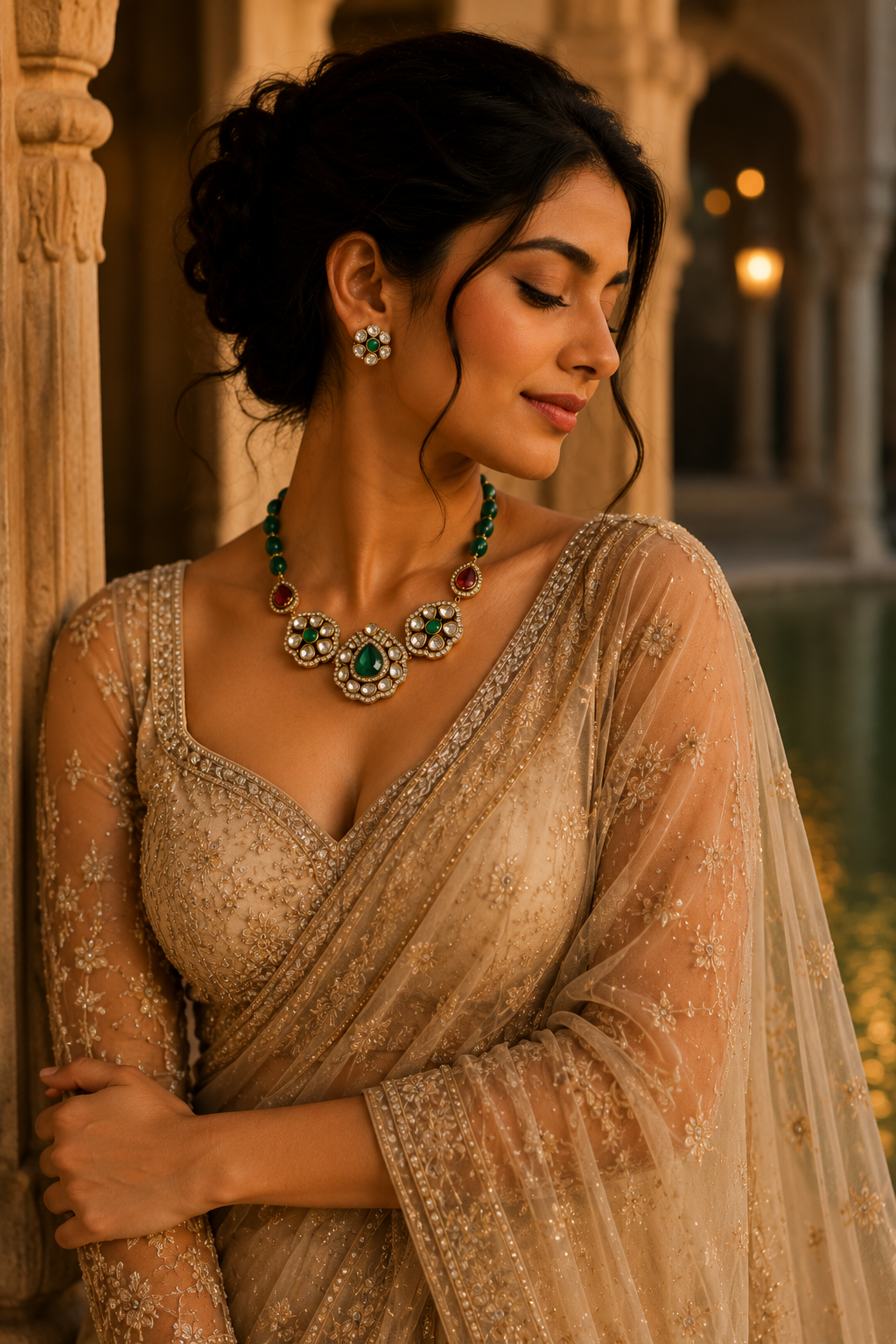 Traditional Kundan Choker Necklace Set with Green Stone Detailing