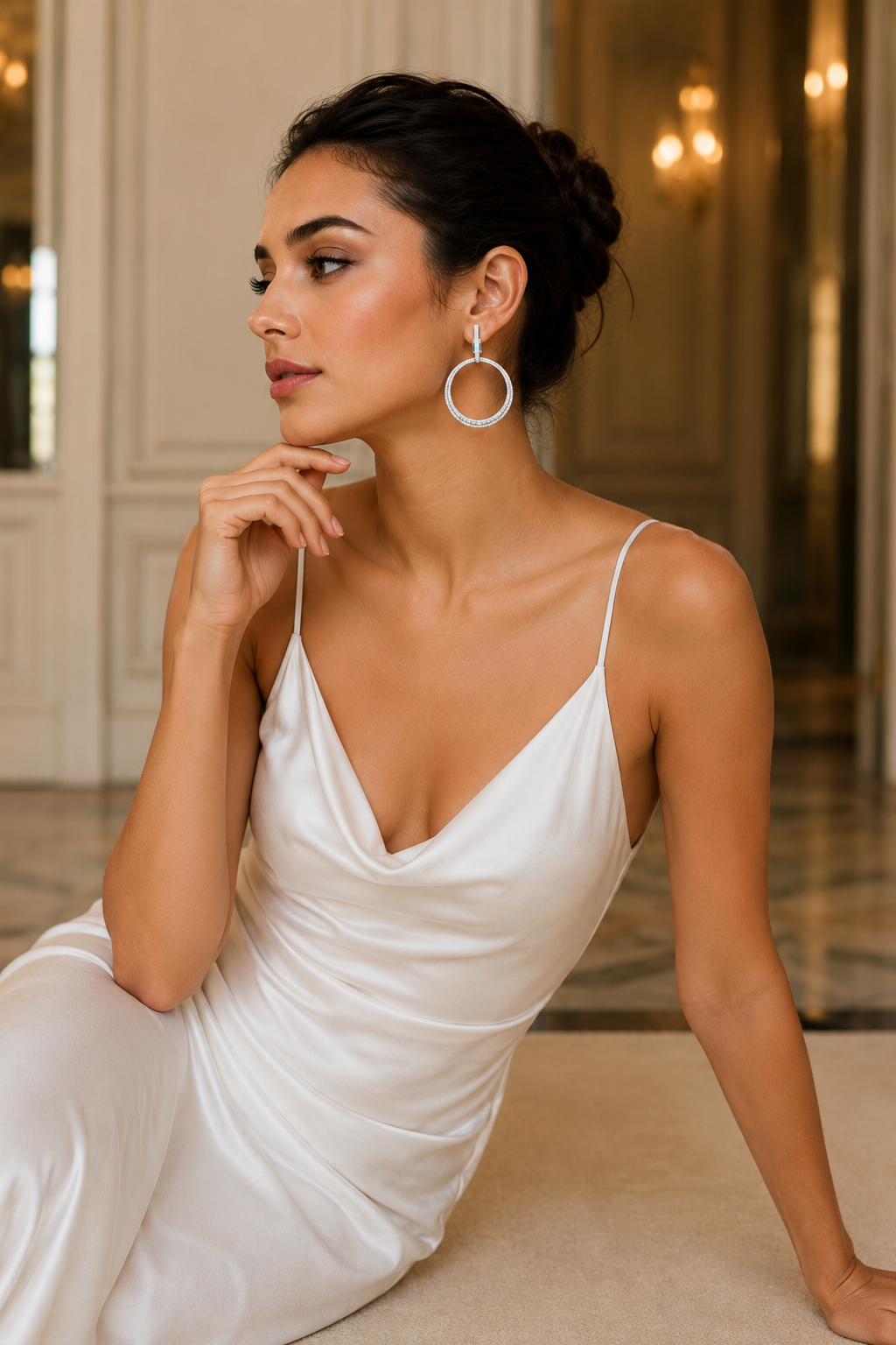 Minimalist Diamond Hoop Drop Earrings in Silver Finish