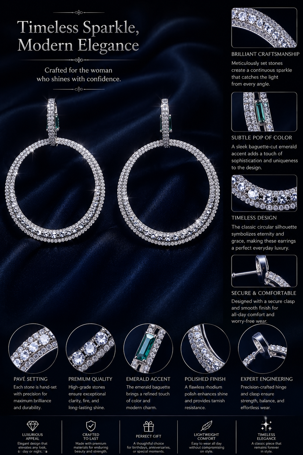 Minimalist Diamond Hoop Drop Earrings in Silver Finish
