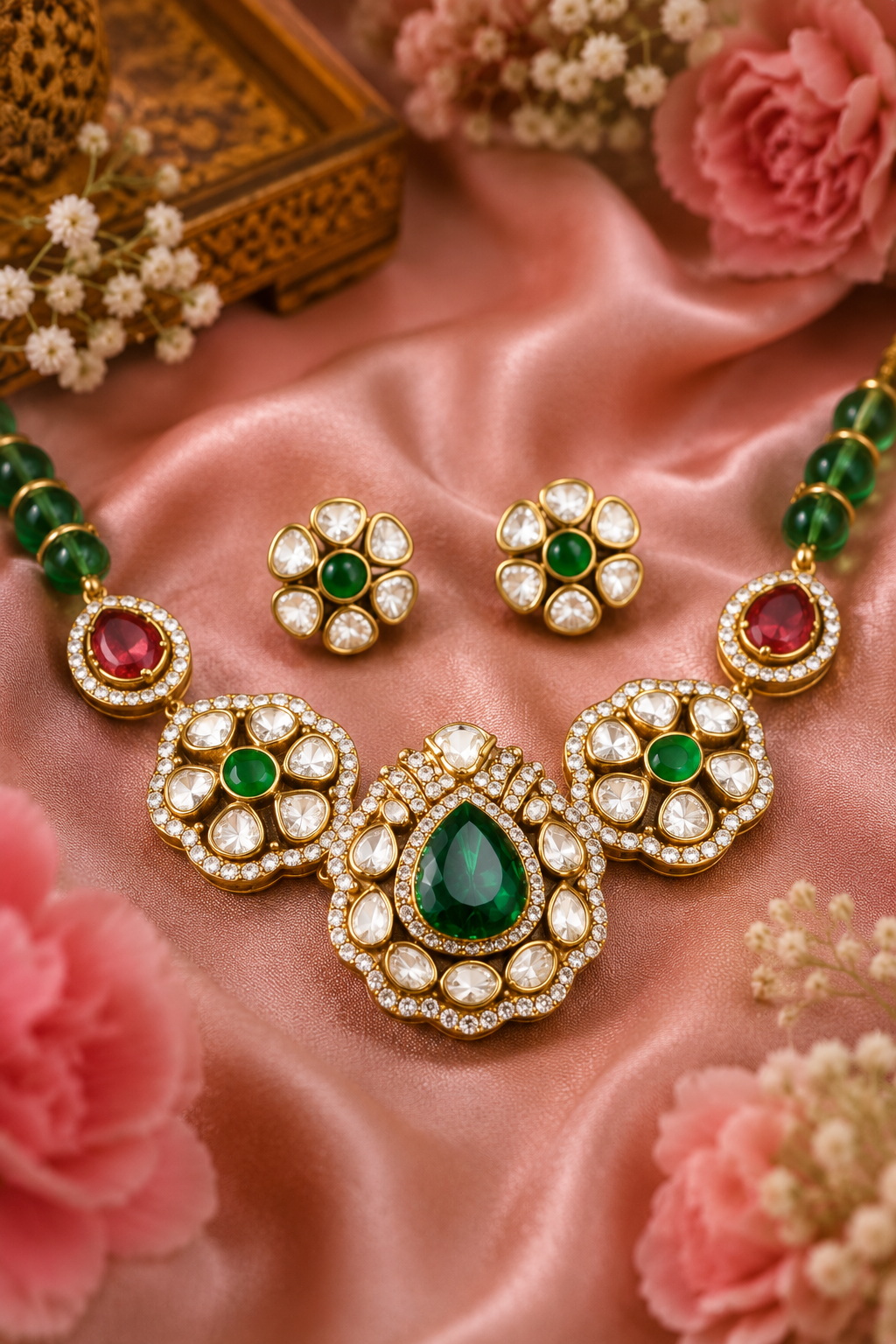Traditional Kundan Choker Necklace Set with Green Stone Detailing