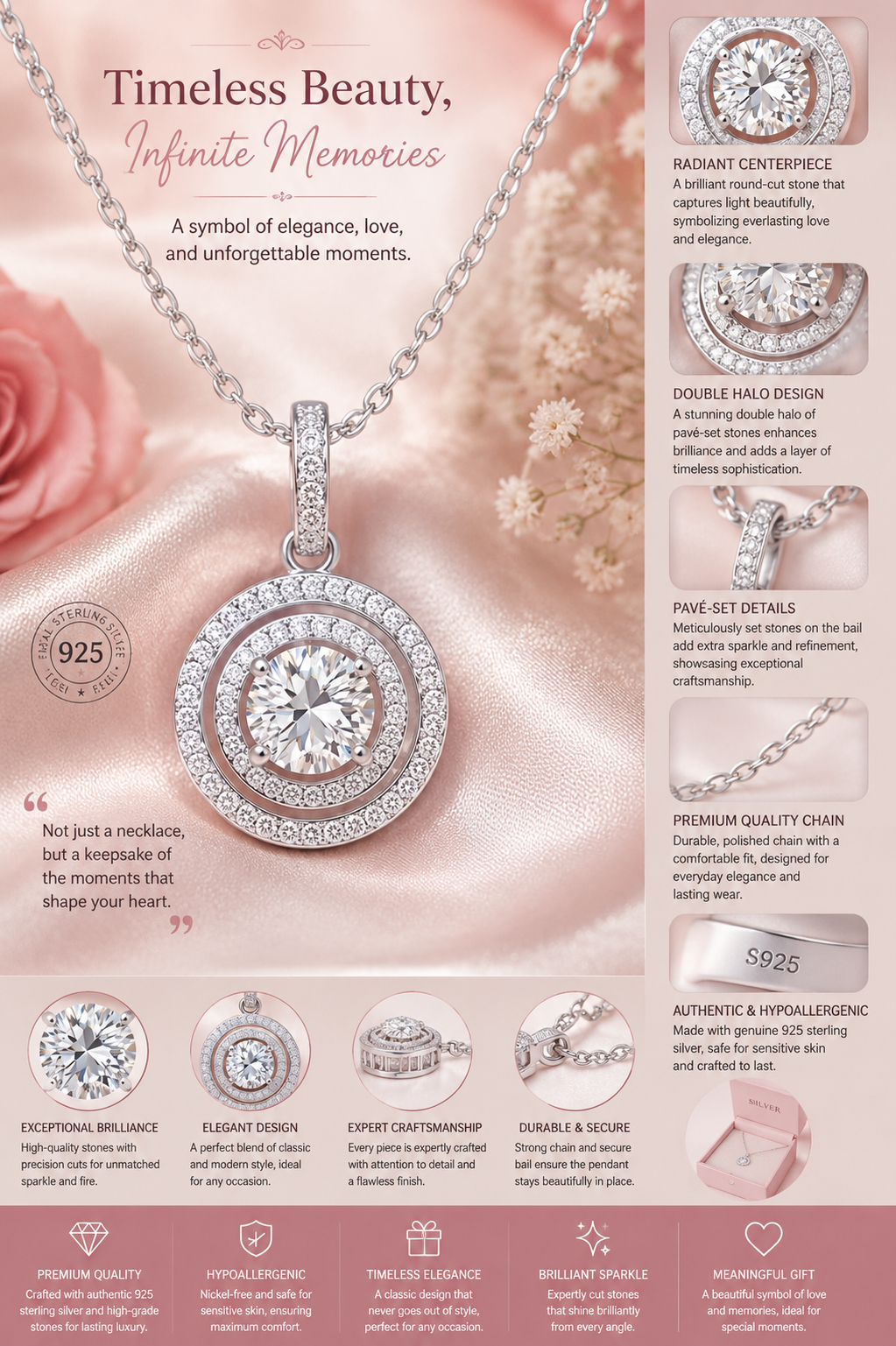 Classic Double Halo Crystal Pendant Necklace in Silver Finish