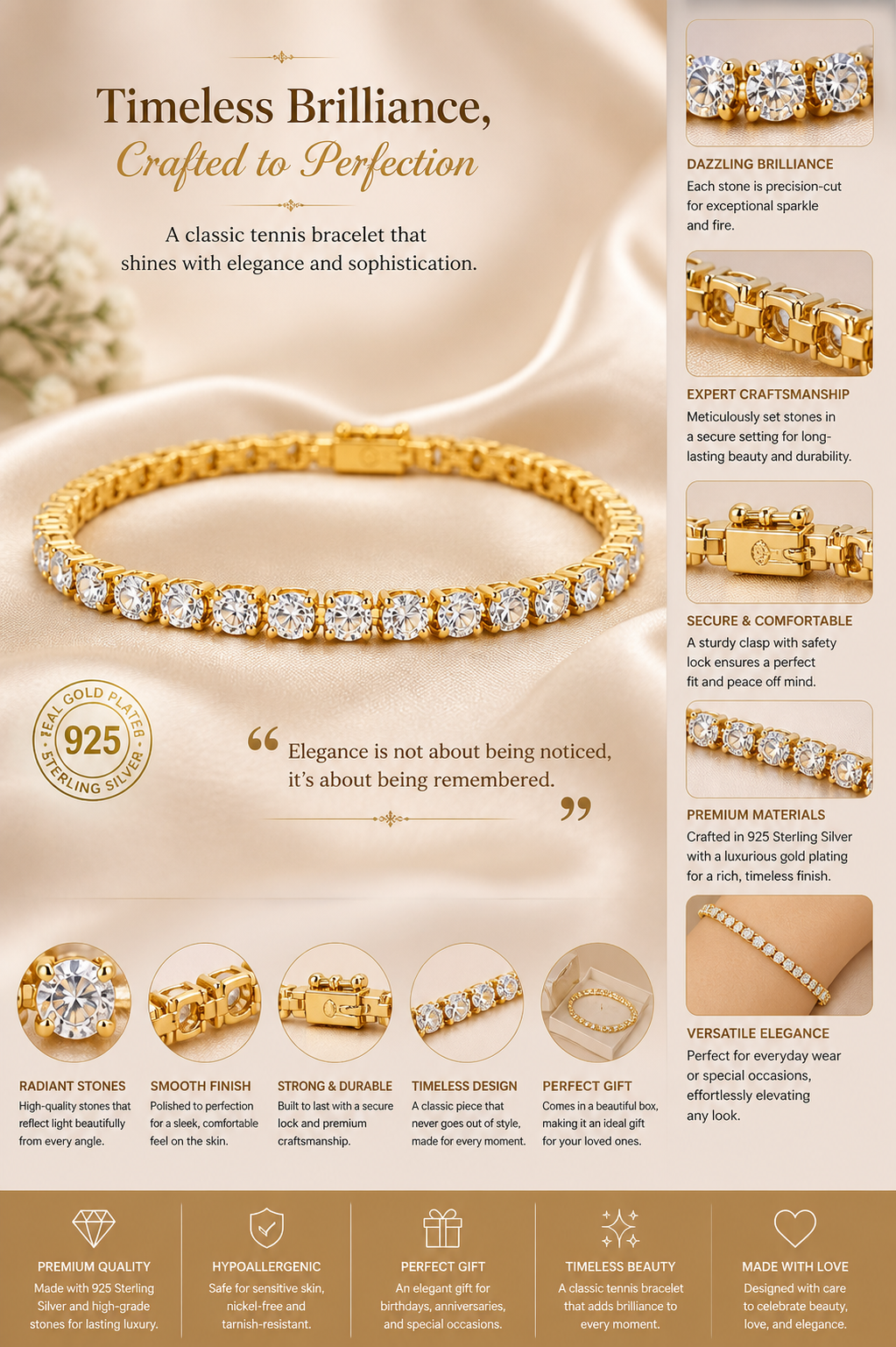 Classic Diamond Tennis Bracelet in Gold Finish