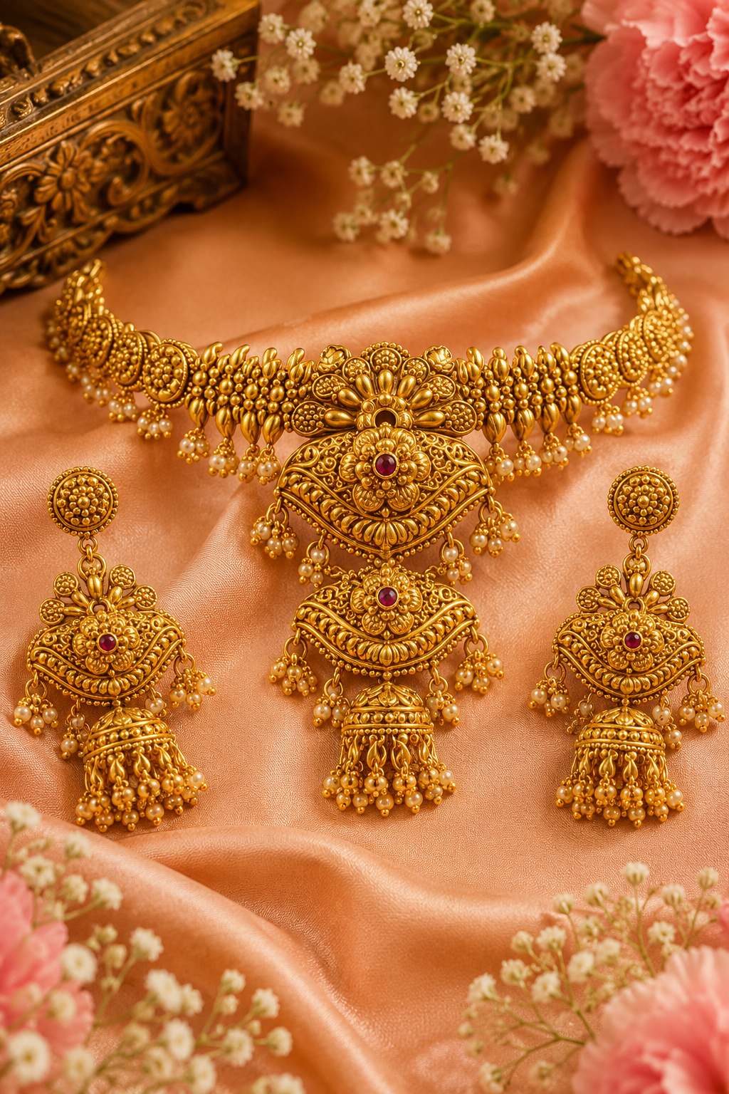 Traditional Temple Gold Choker Necklace Set with Jhumka Earrings