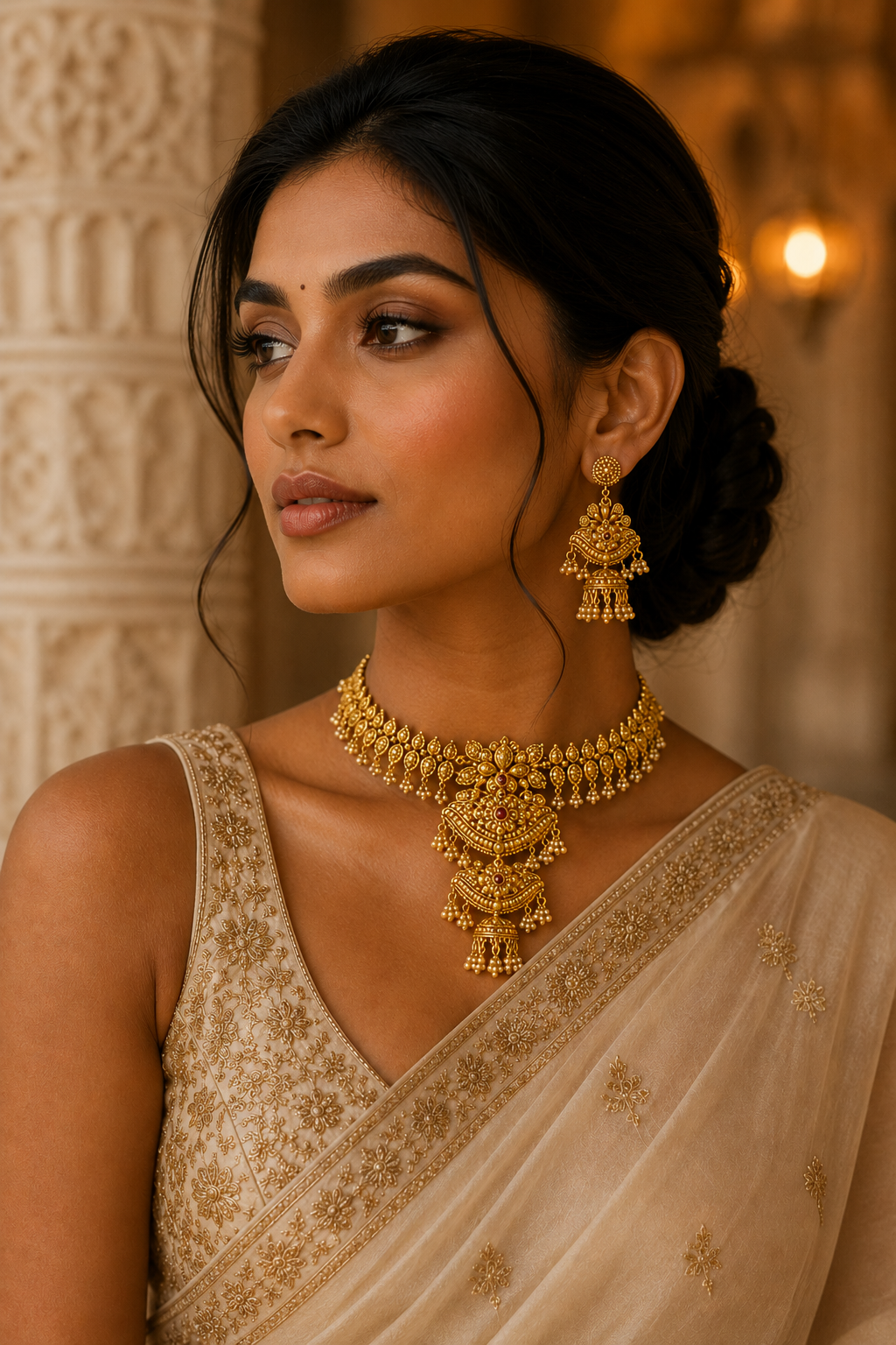 Traditional Temple Gold Choker Necklace Set with Jhumka Earrings