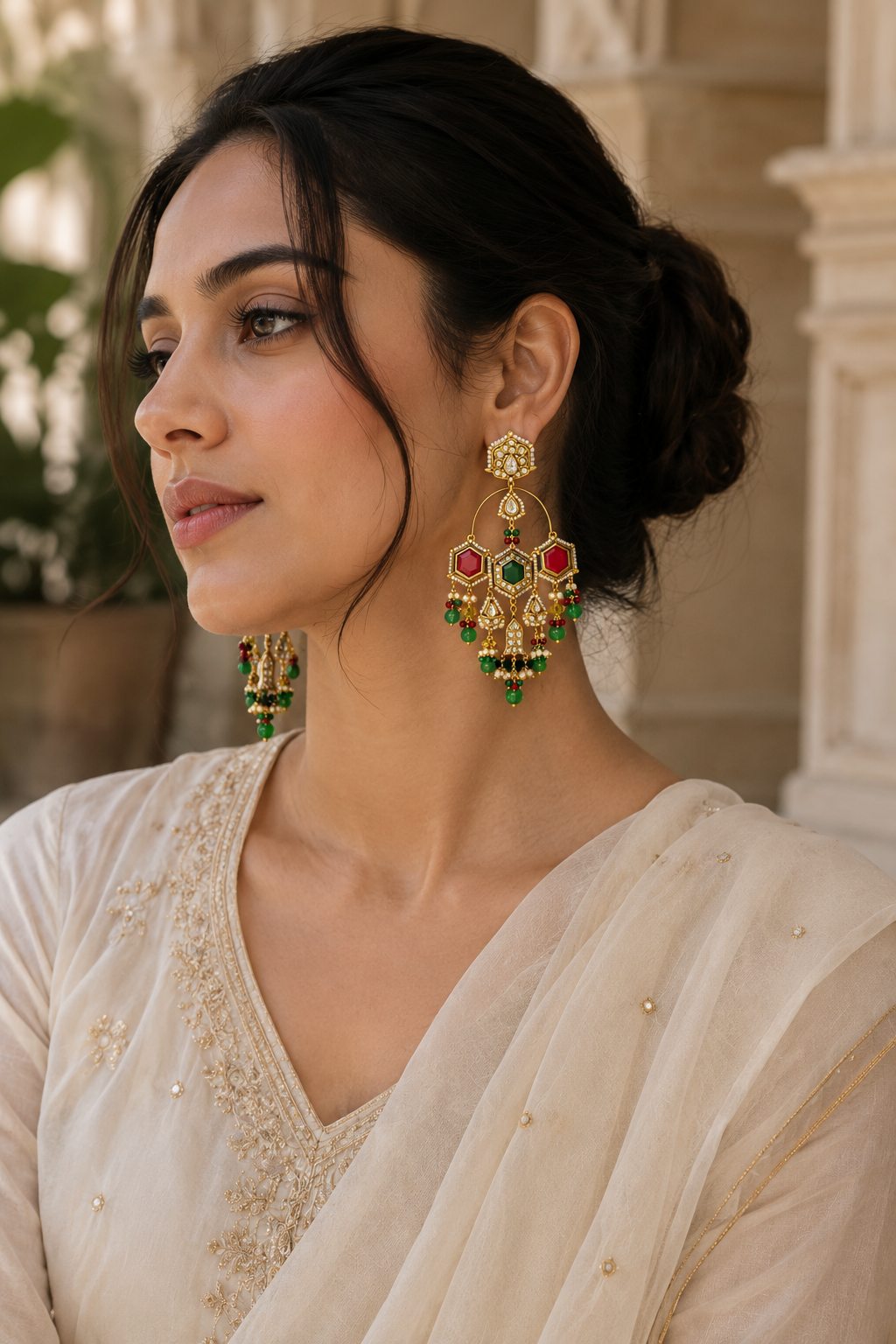 Traditional Kundan Chandbali Earrings with Multicolor Bead Drops