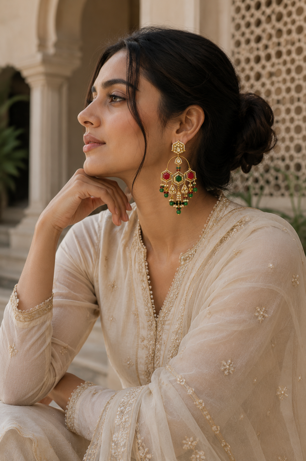 Traditional Kundan Chandbali Earrings with Multicolor Bead Drops