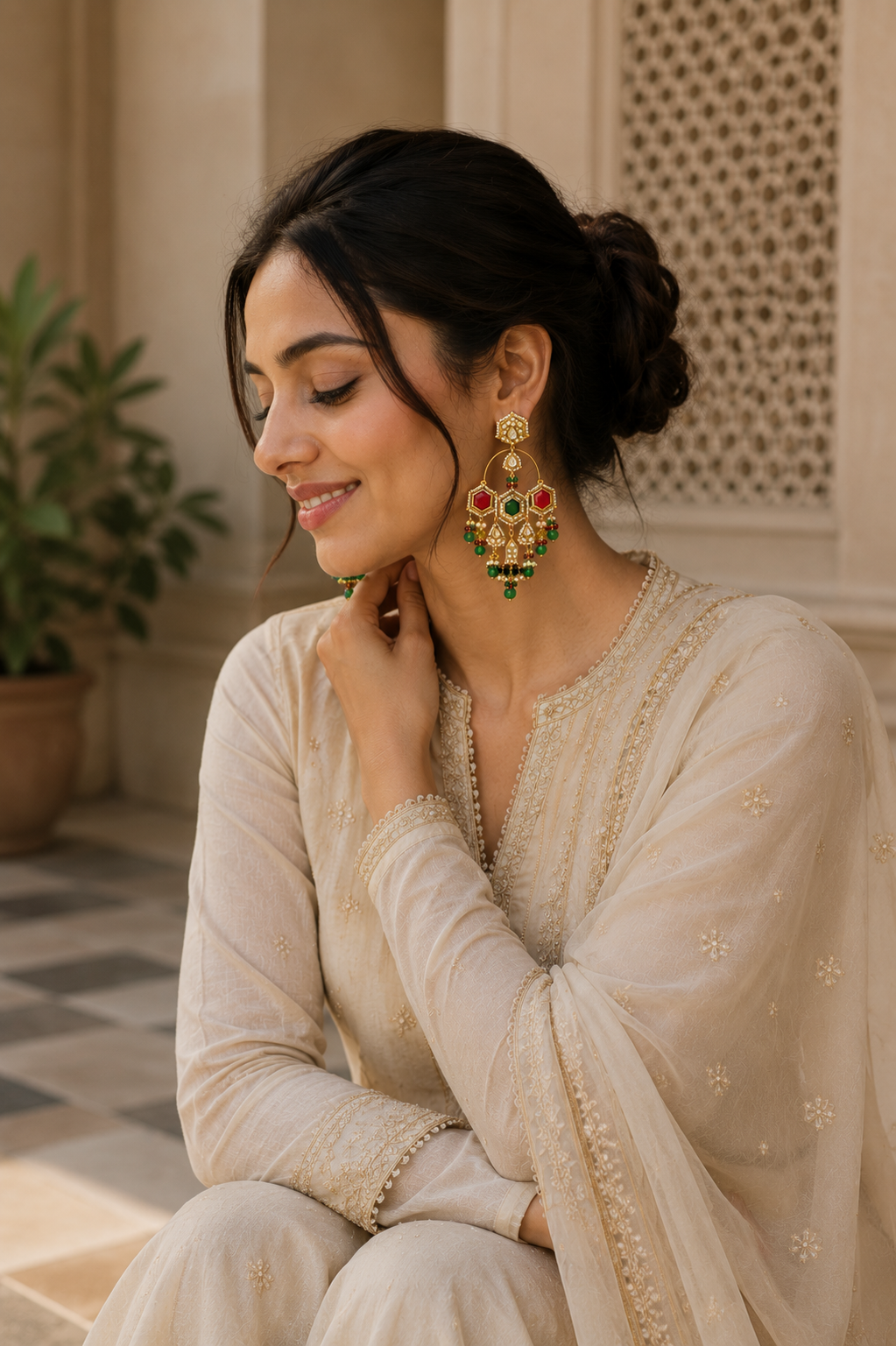 Traditional Kundan Chandbali Earrings with Multicolor Bead Drops