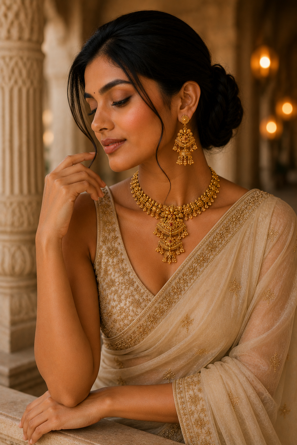 Traditional Temple Gold Choker Necklace Set with Jhumka Earrings